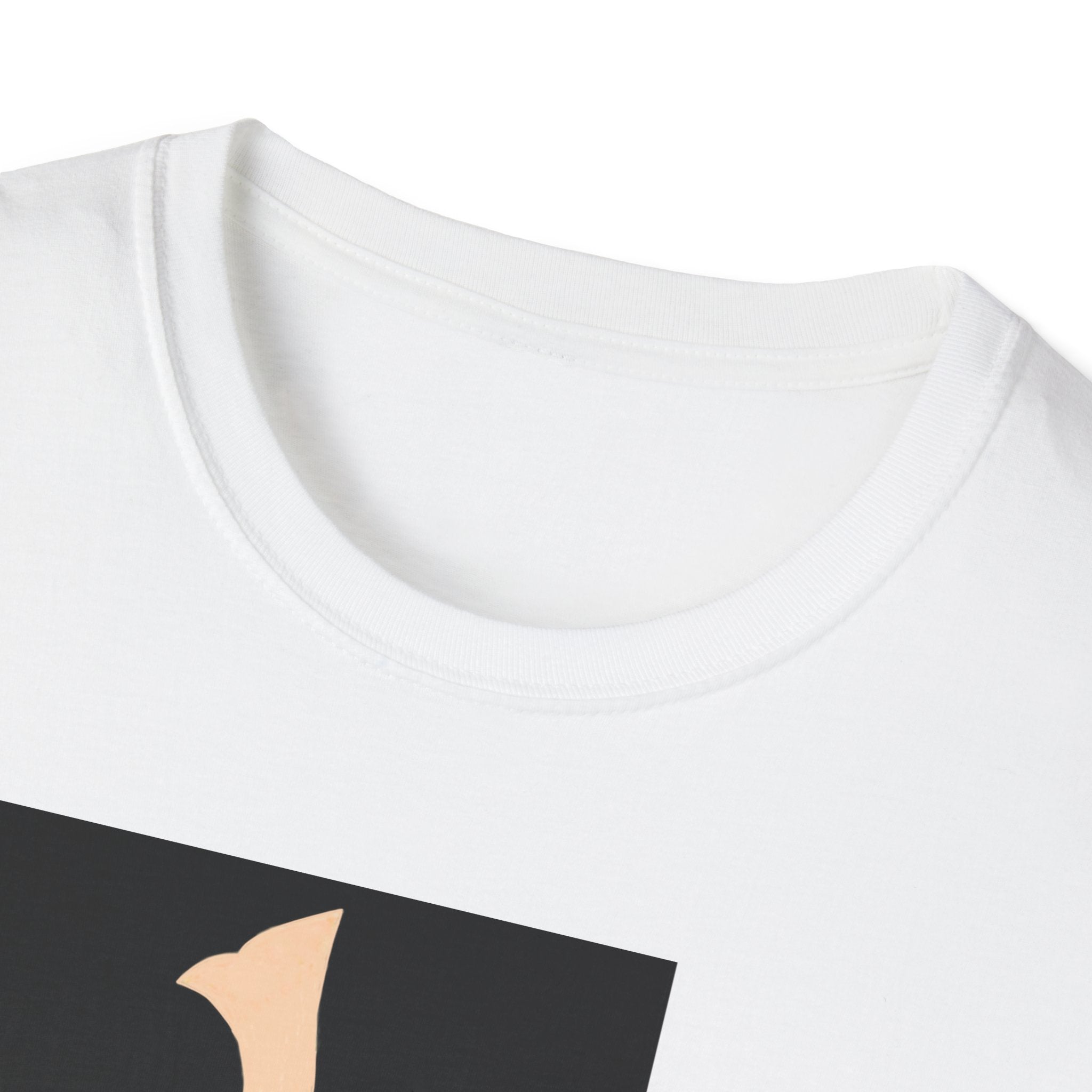 Close-up of a white t-shirt with a black and pink design on a white background