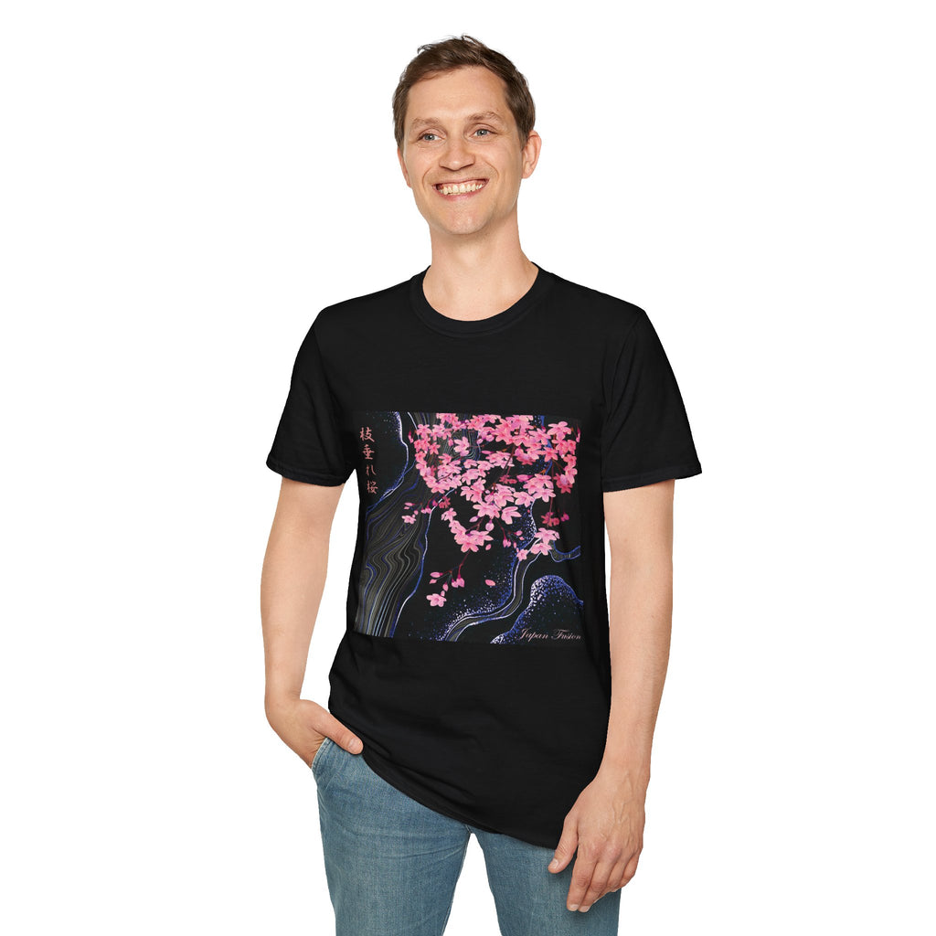 Male wearing a black t-shirt with a pink floral design on a white background