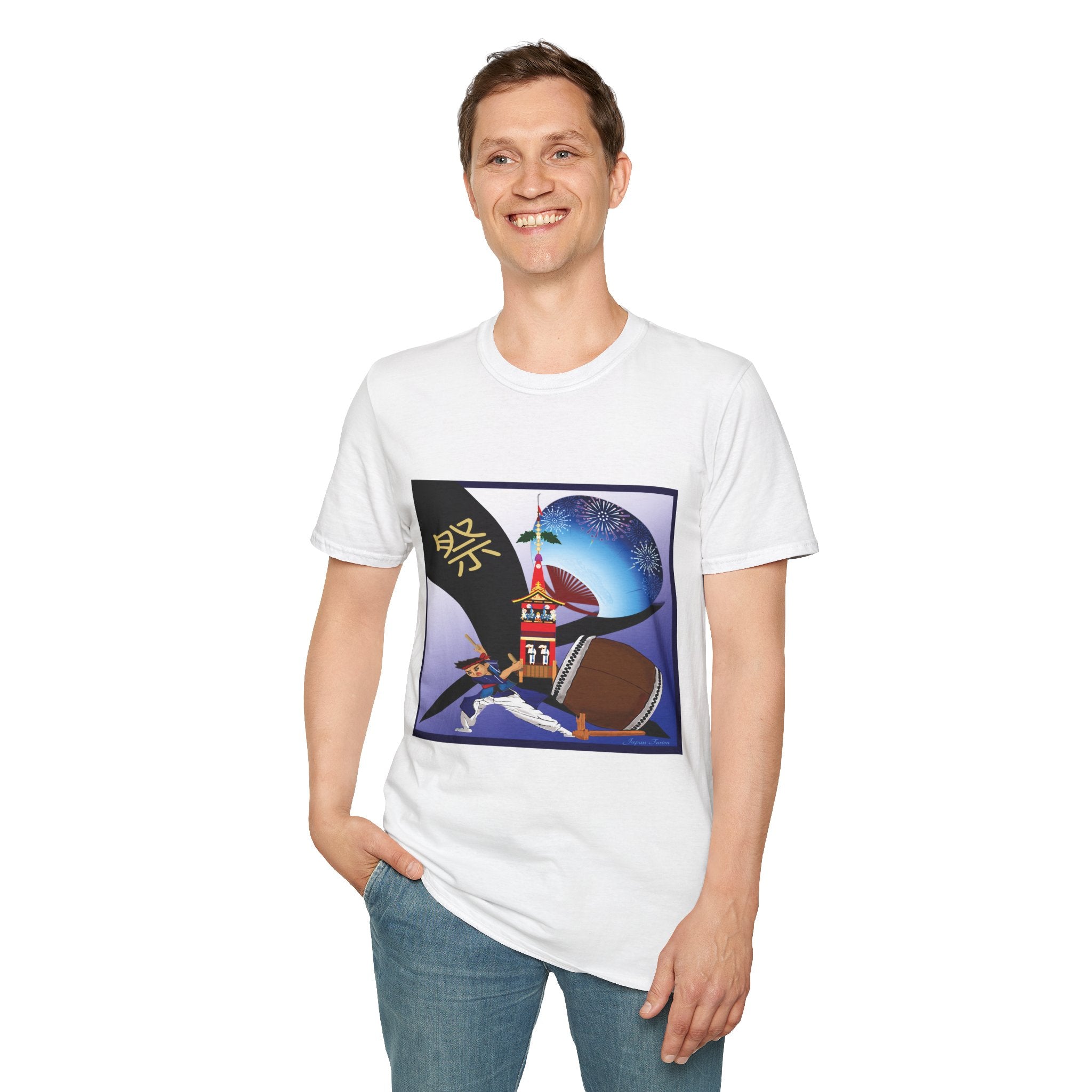 Male wearing a white t-shirt with a colorful graphic design on a white background