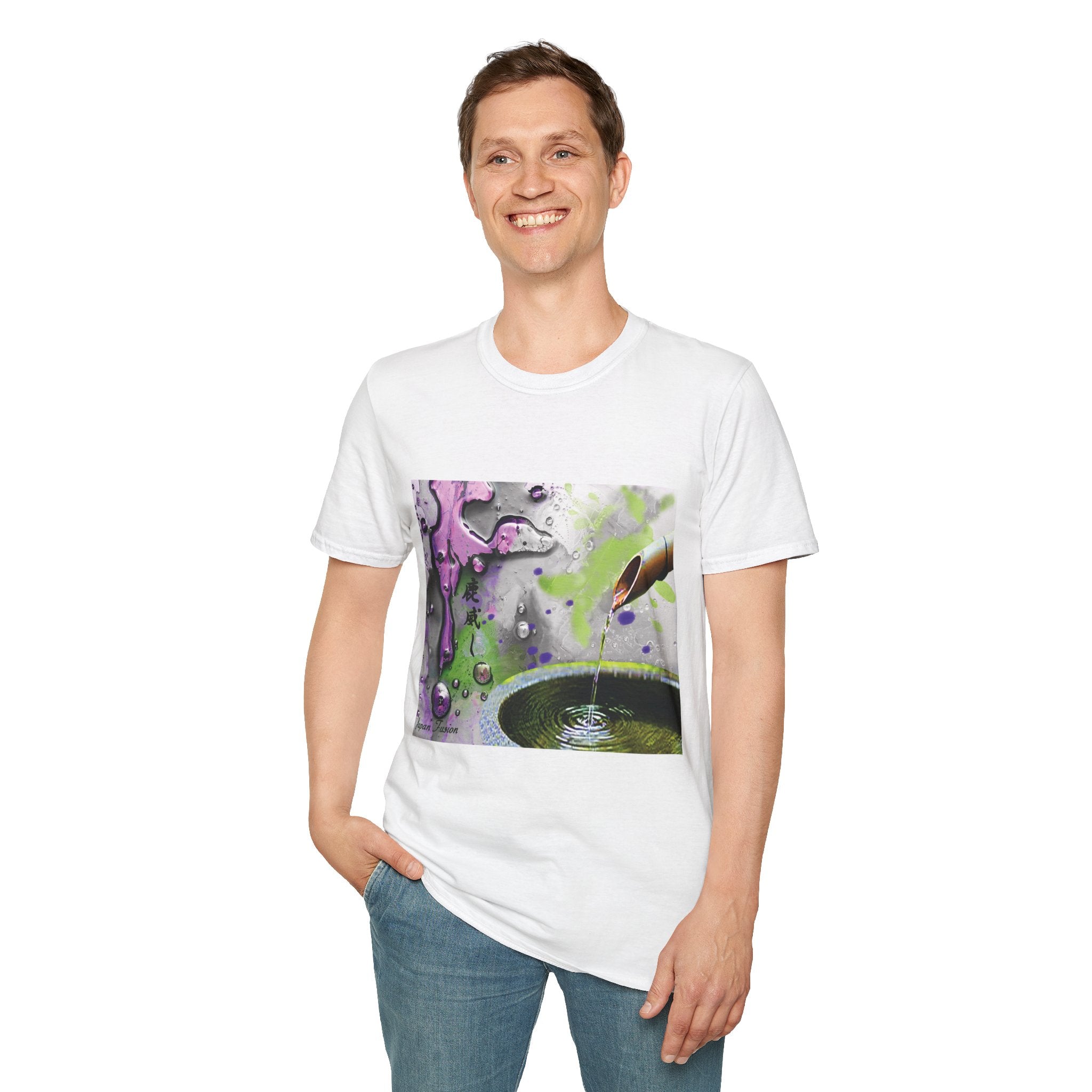 Male wearing a white t-shirt with a colorful graphic design on a white background