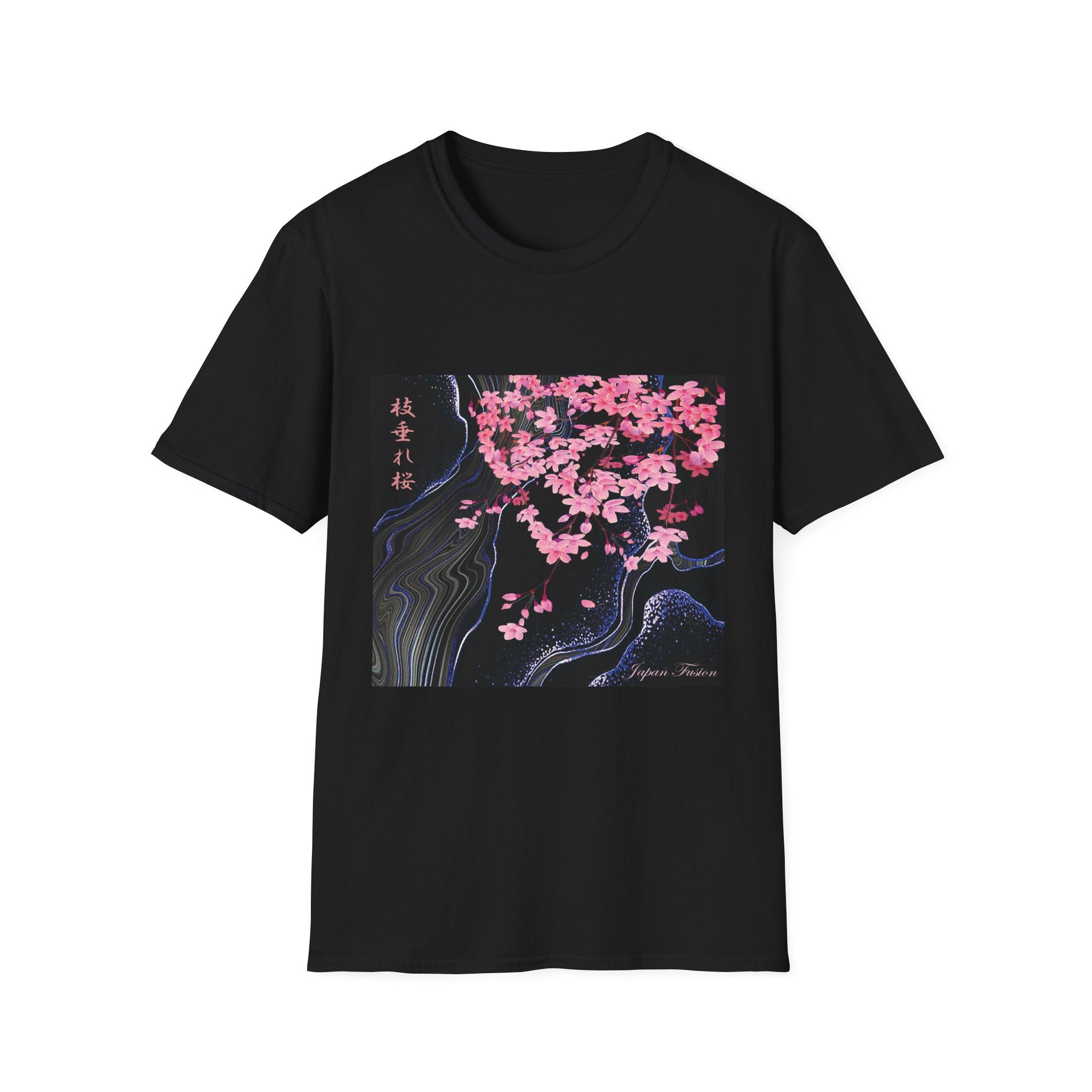 Japan Fusion Moonlight Flow of Sakura Japanese cherry blossom art unisex graphic Black t-shirt