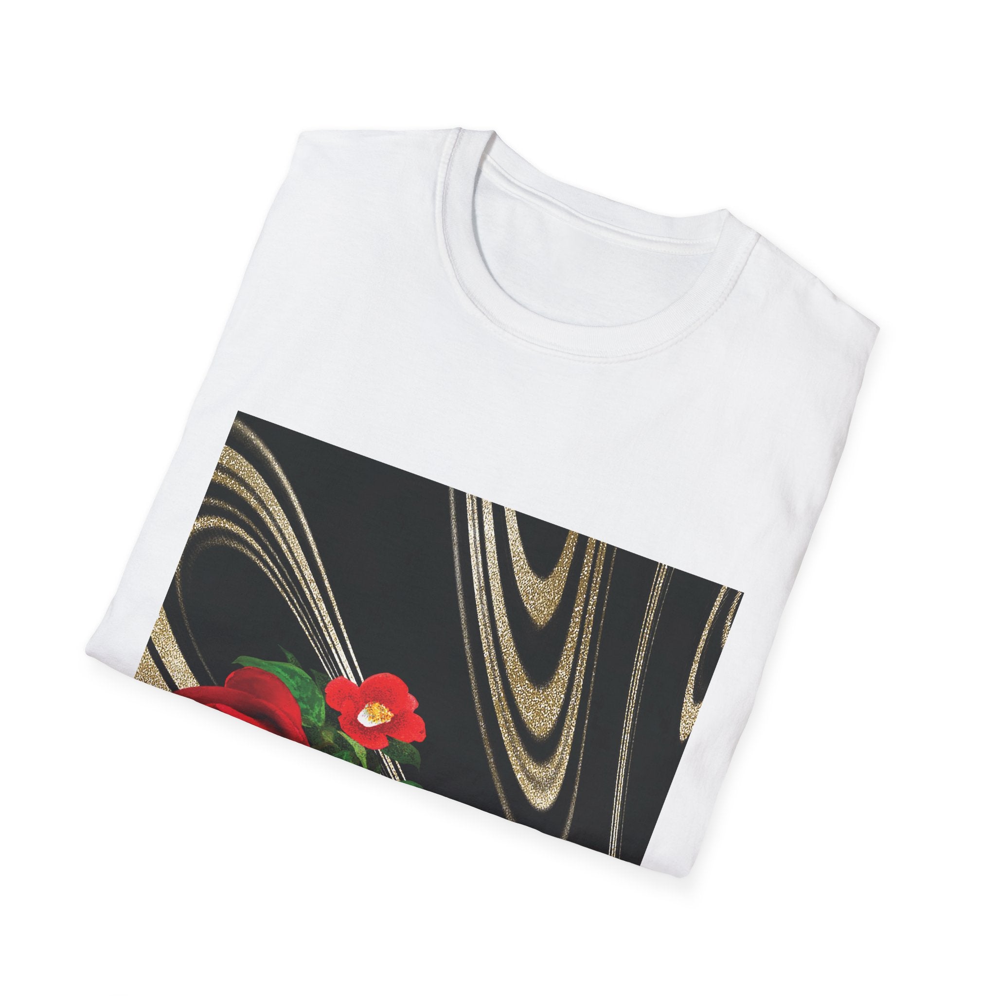 White t-shirt with a black panel featuring a red flower design on a white background