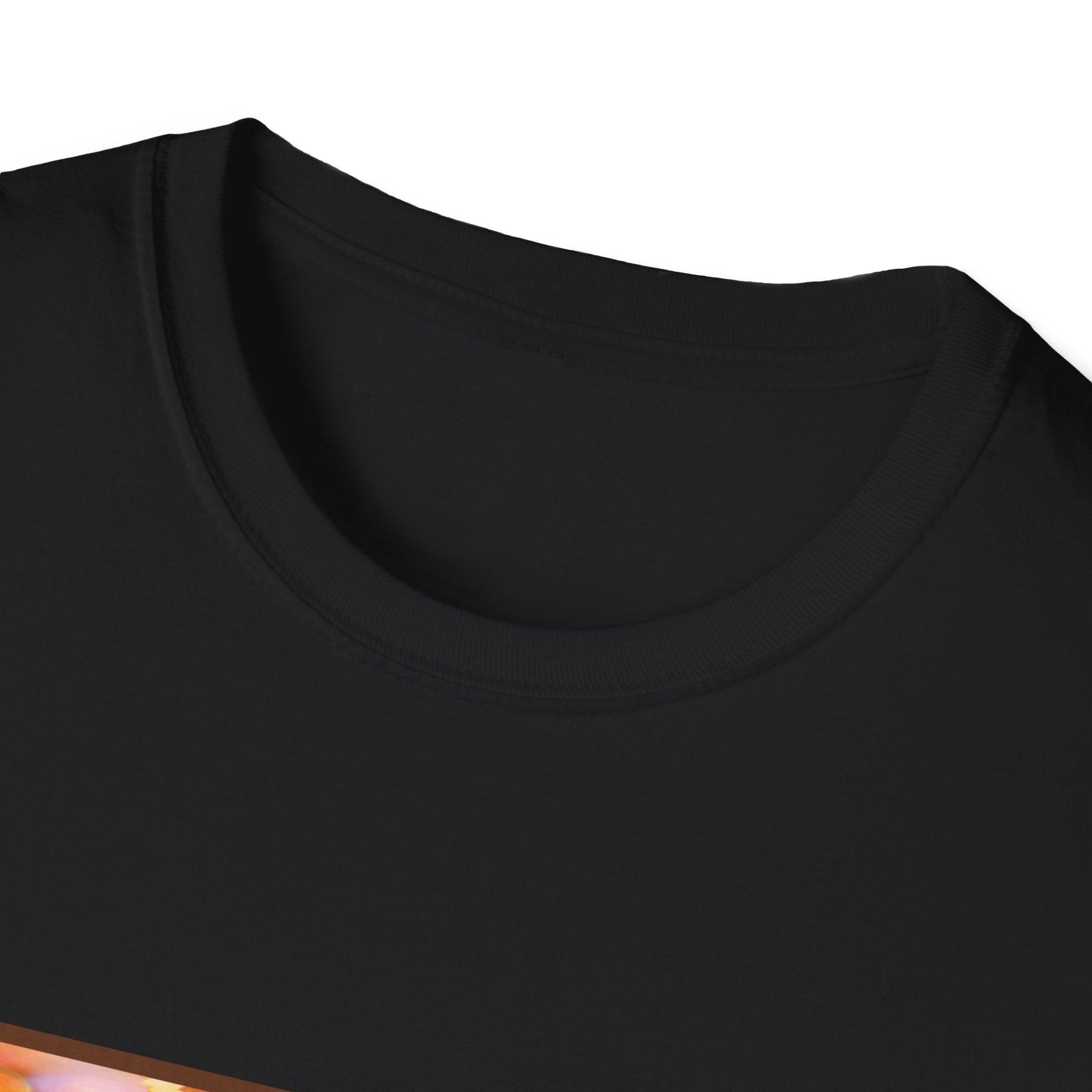 Close-up of a black t-shirt collar on a white background