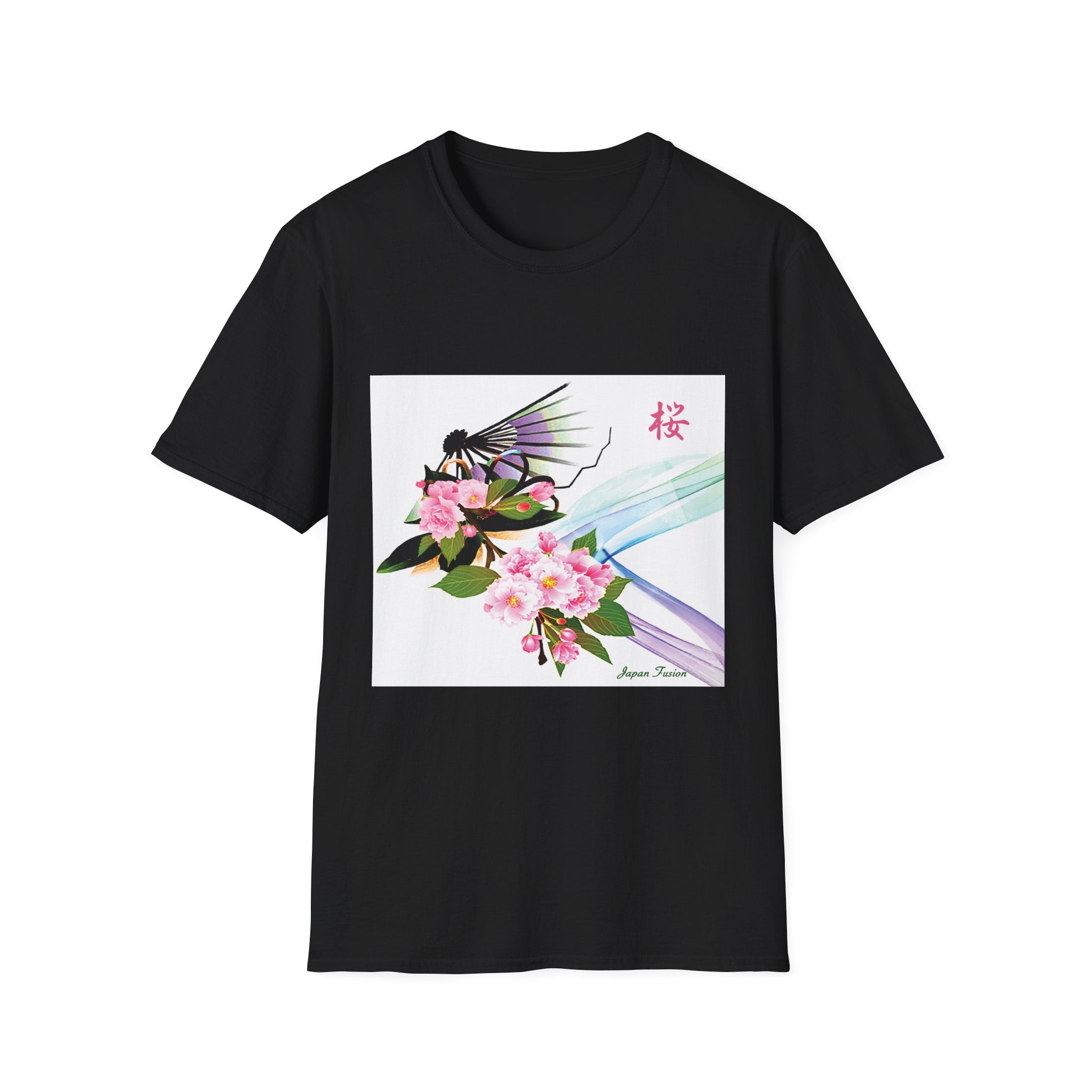 Black t-shirt with a colorful graphic design featuring flowers and a sword on a white background