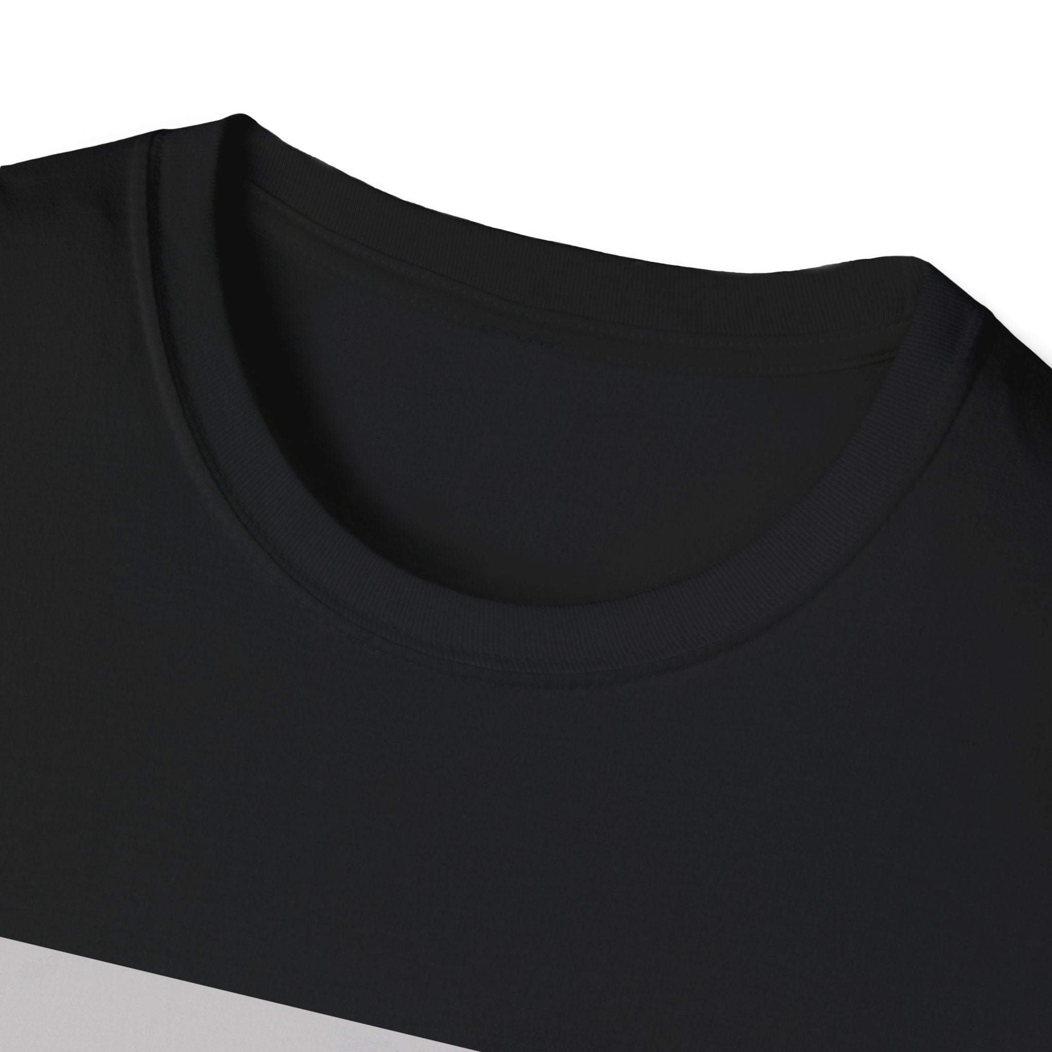 Close-up of a black t-shirt collar on a white background