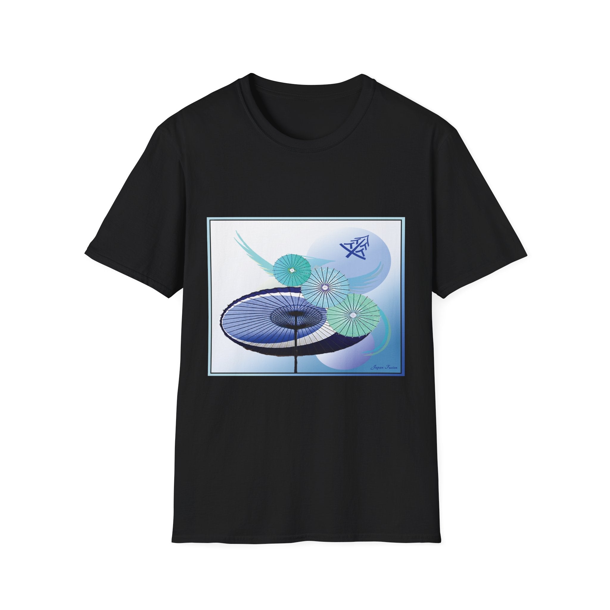 Black t-shirt with a colorful abstract design on a white background