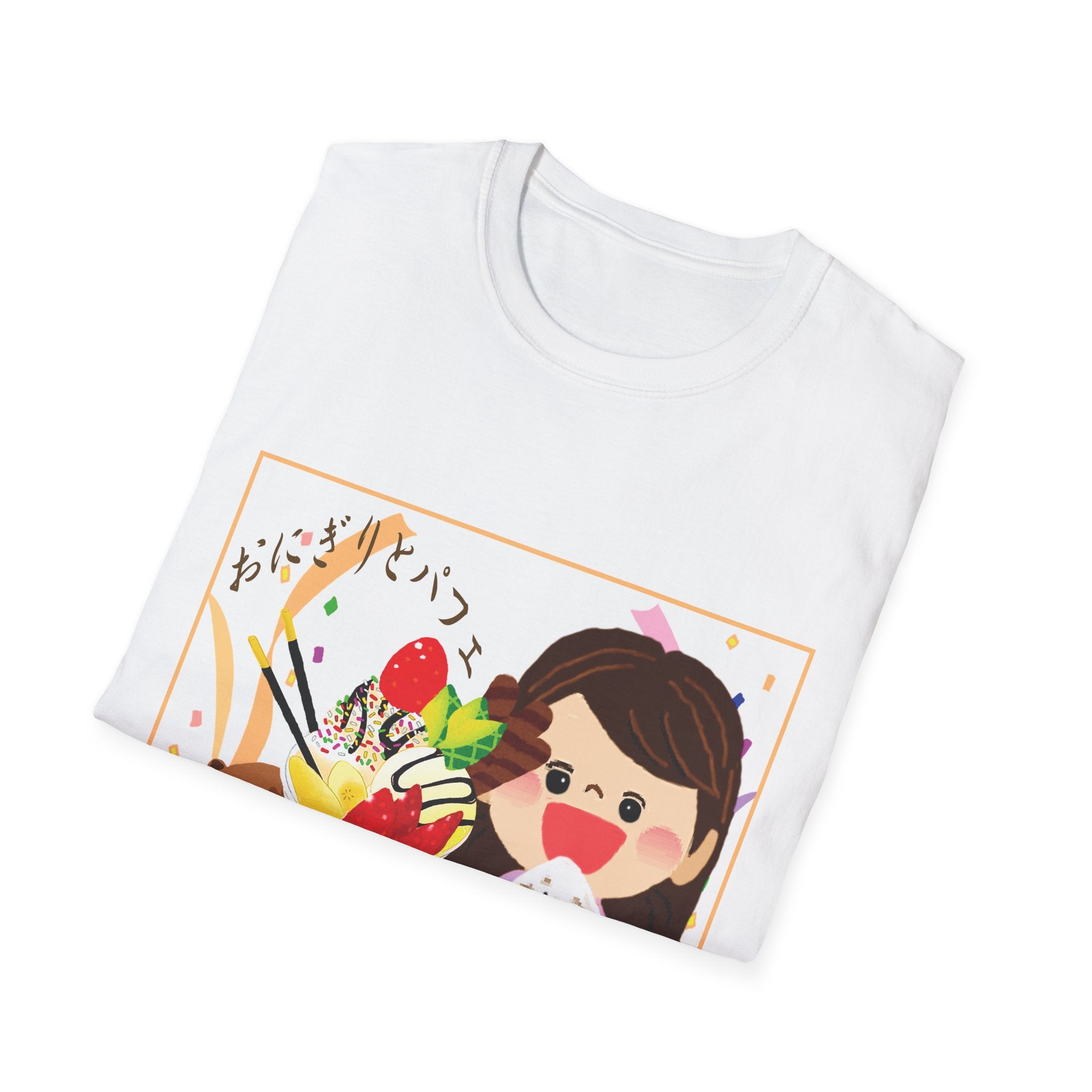 White t-shirt with a colorful graphic of a cartoon character and food items on a white background