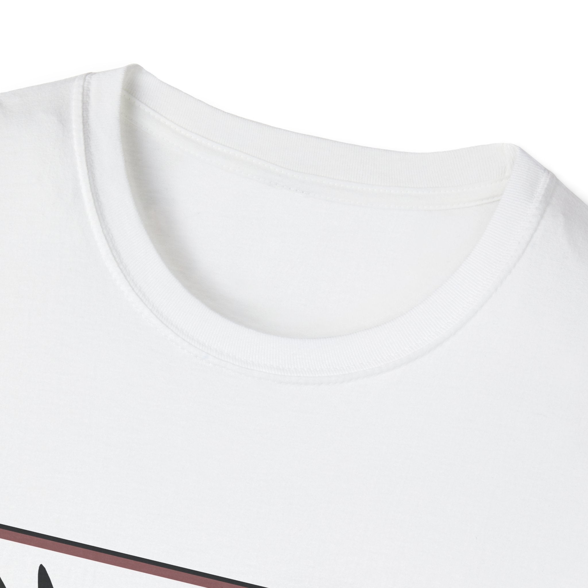 Close-up of a white t-shirt with a brand logo on a white background