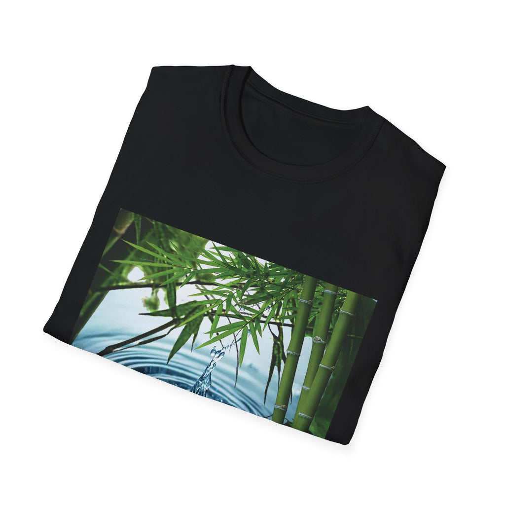 Black t-shirt with bamboo design on a white background
