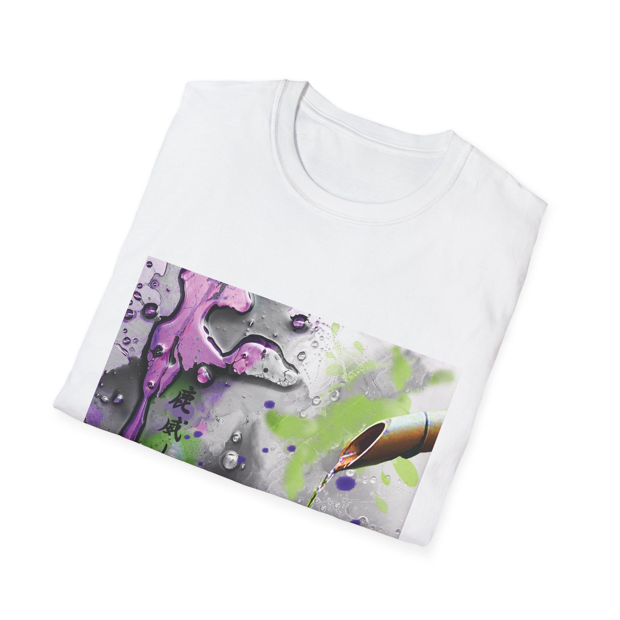 White t-shirt with a colorful abstract design on a white background