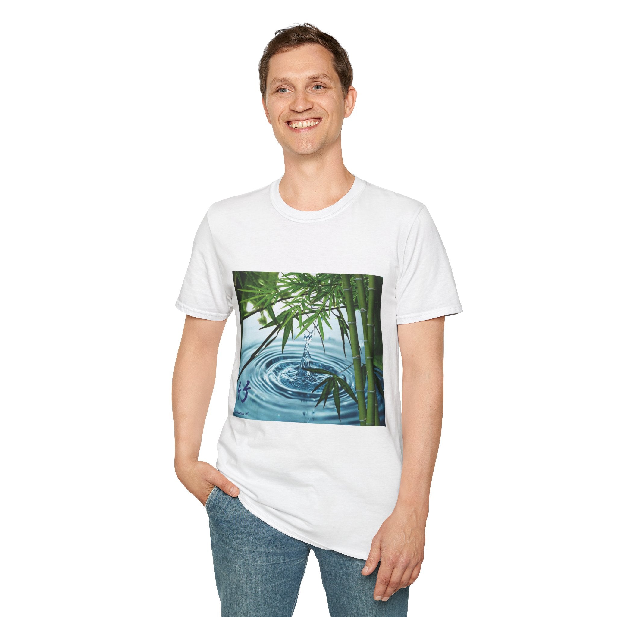 Male wearing a white t-shirt with a bamboo design on a white background