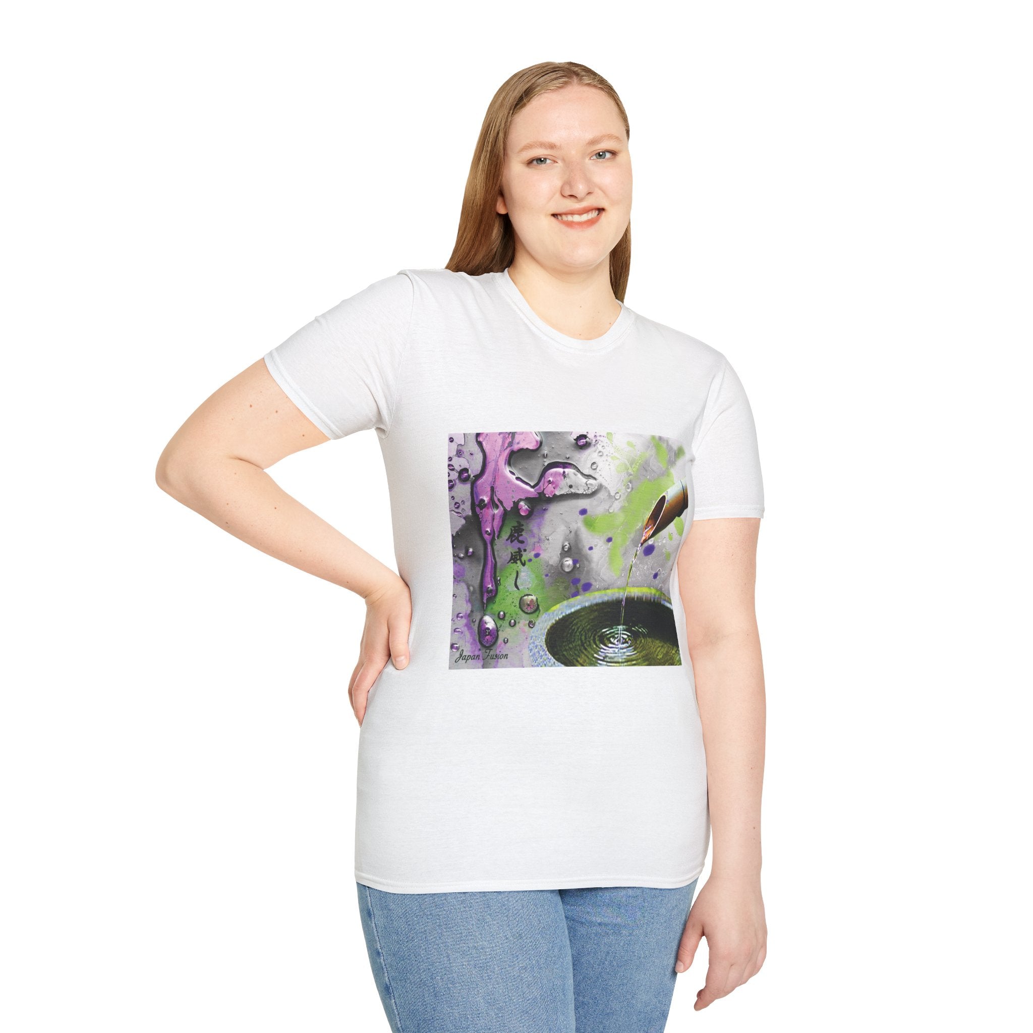 Female wearing a white t-shirt with a colorful graphic design on a white background