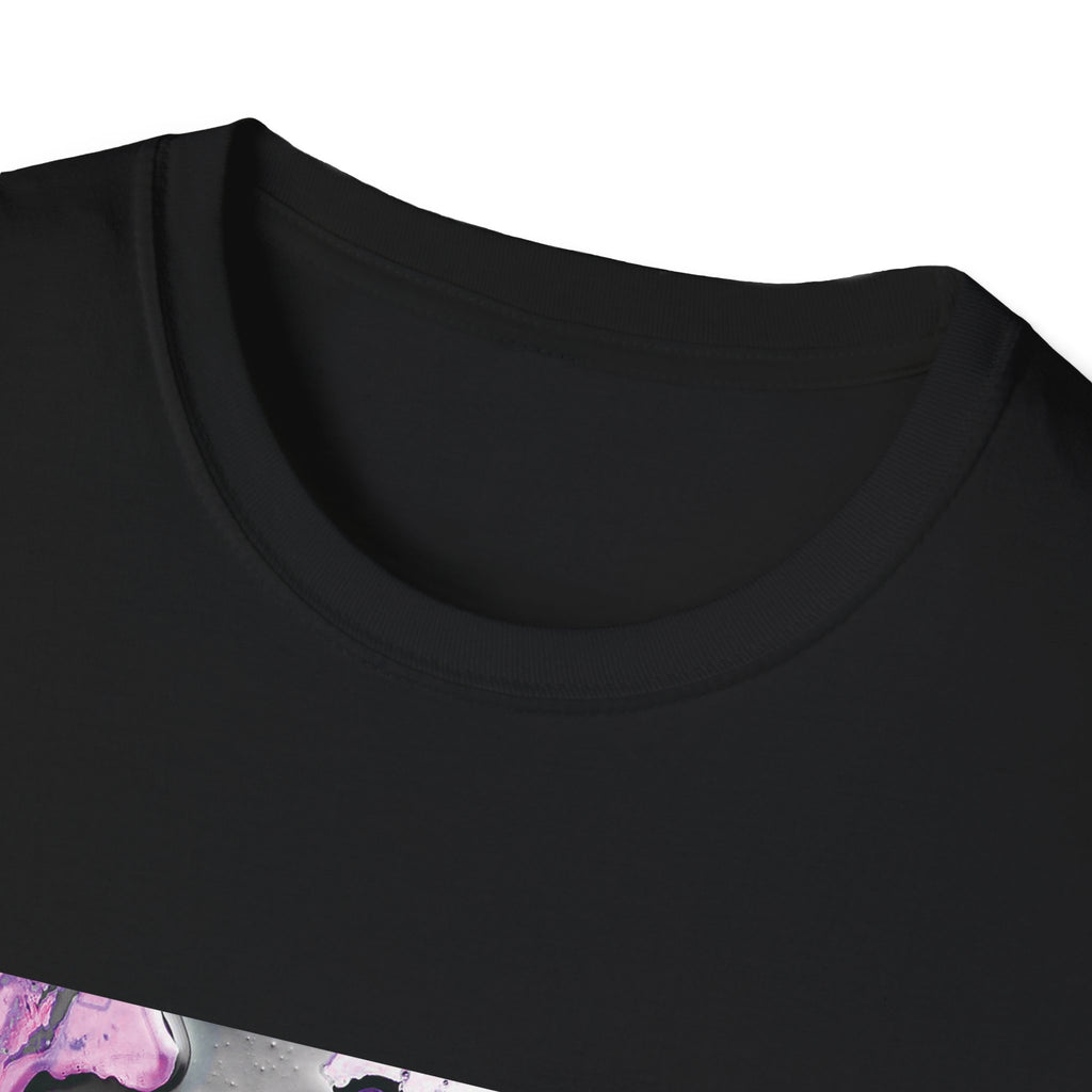 Close-up of a black t-shirt collar with a colorful design at the bottom.