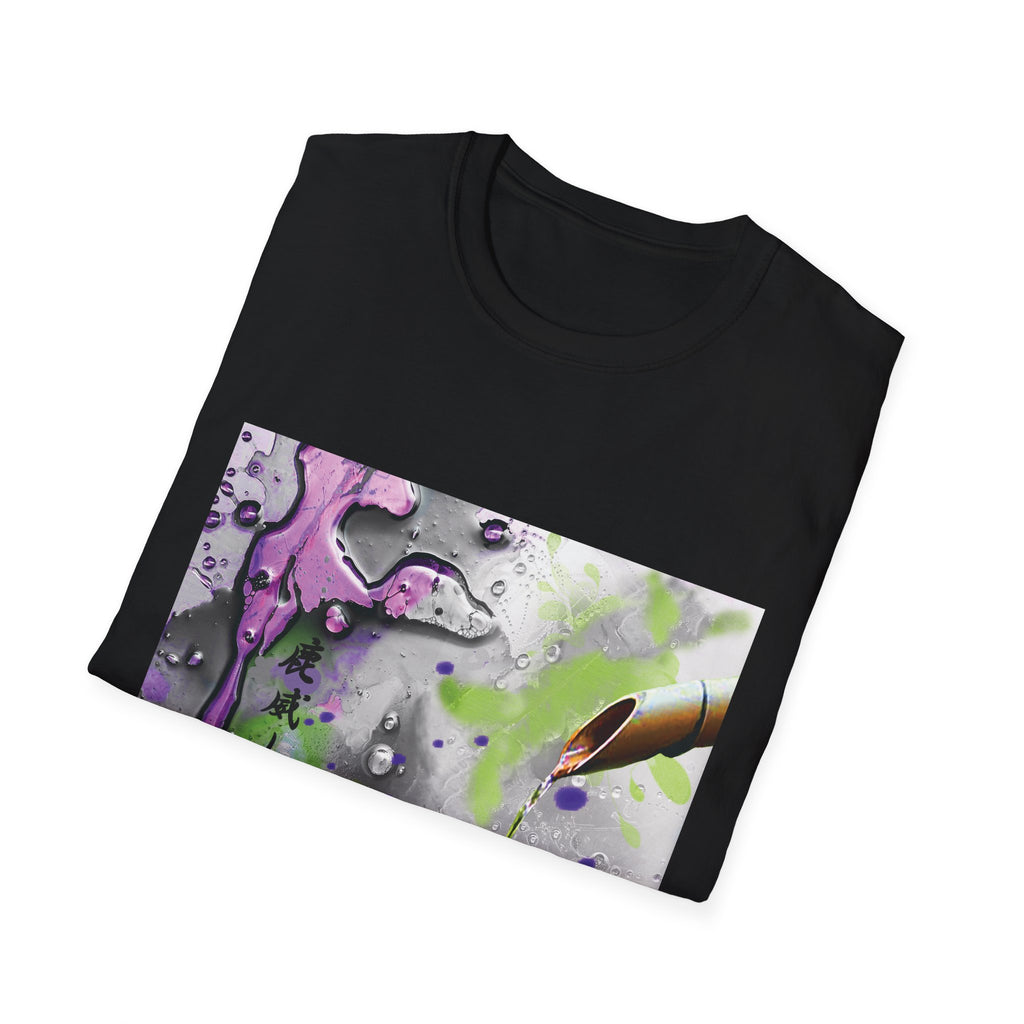 Black t-shirt with a colorful graphic design on a white background