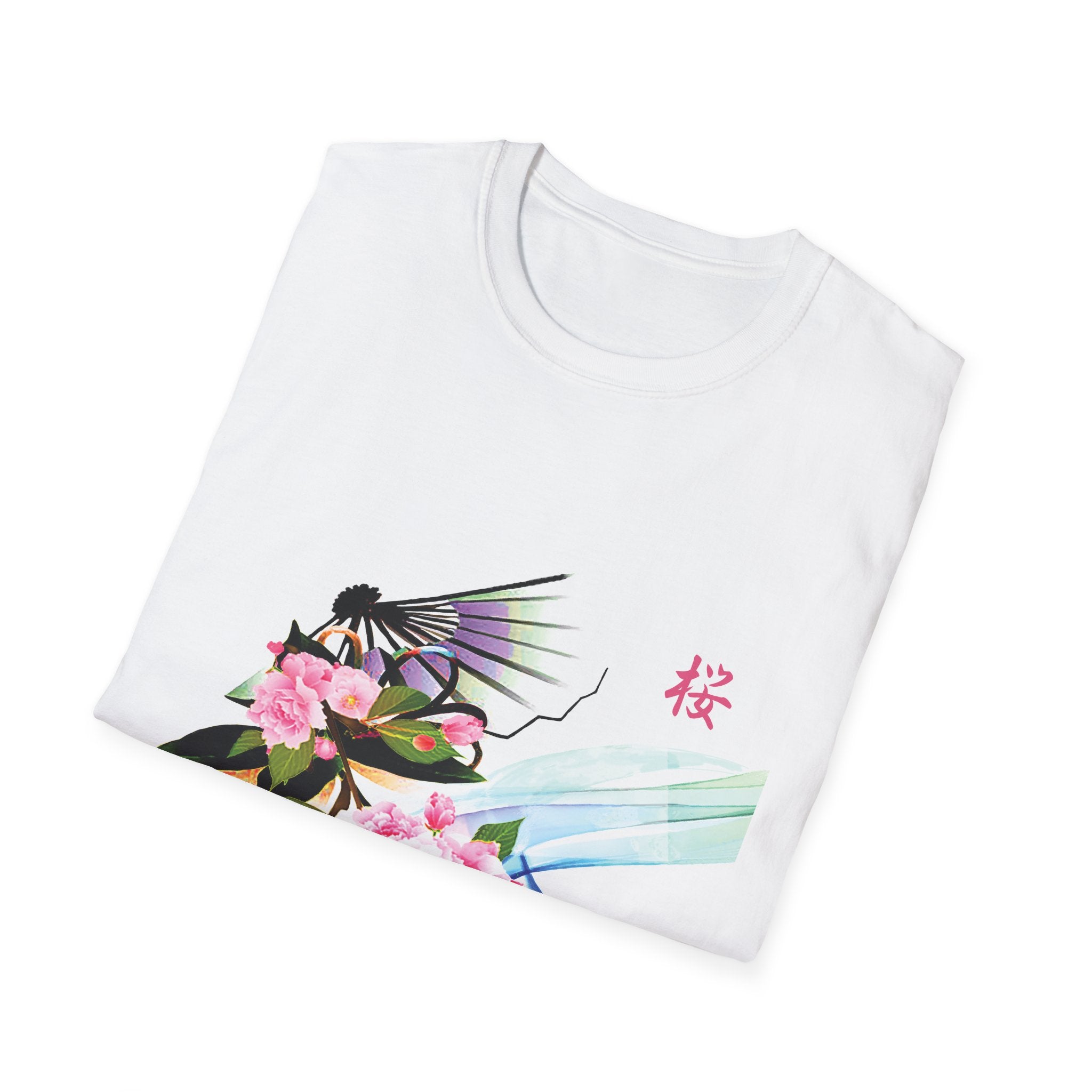 White t-shirt with colorful graphic design on a white background