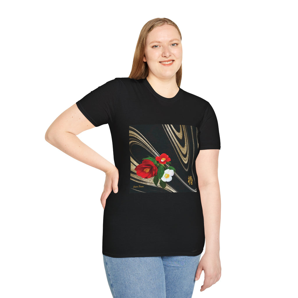 Female wearing a black t-shirt with a floral design on a white background