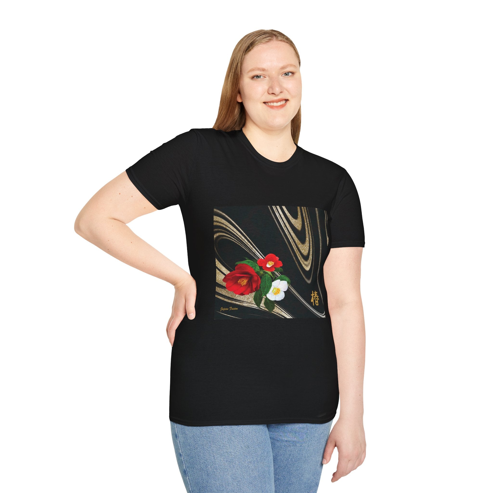 Female wearing a black t-shirt with a floral design on a white background