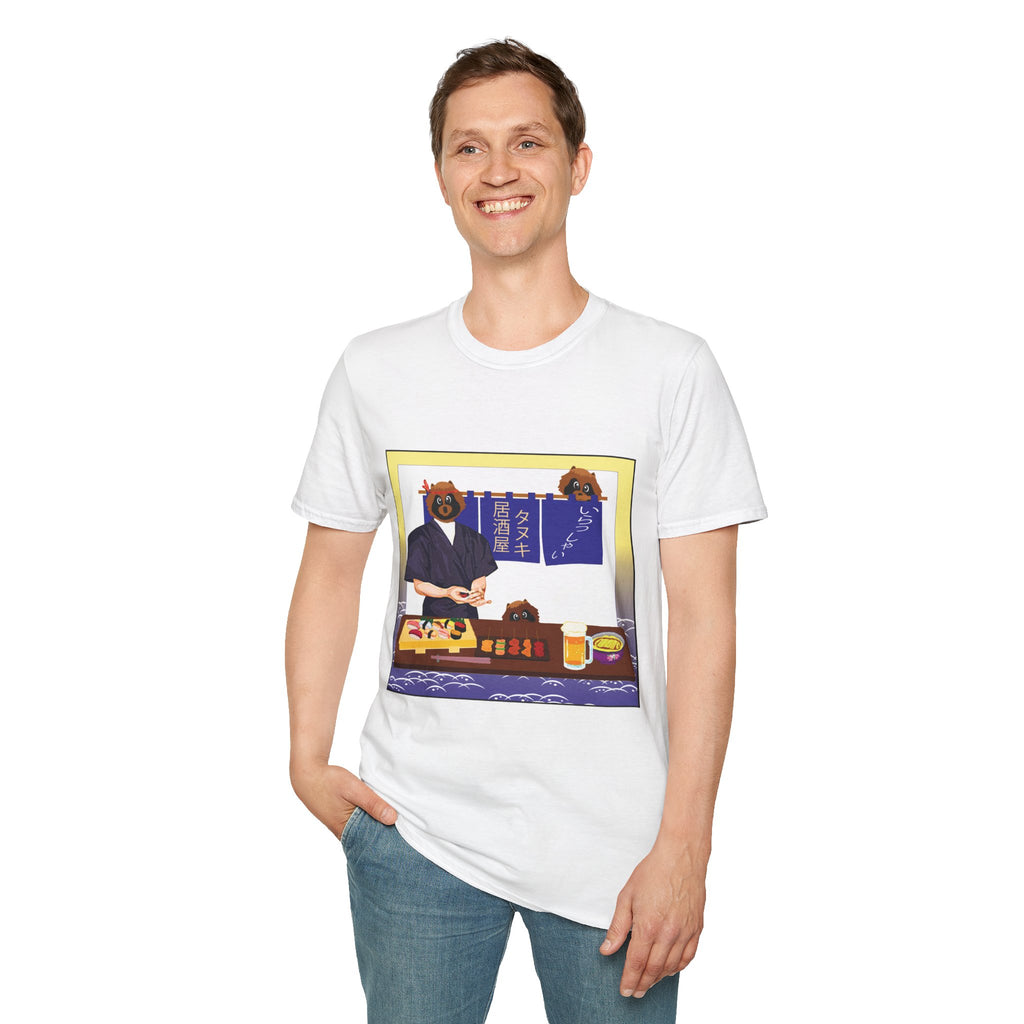 Male wearing a white t-shirt with a graphic design on a white background