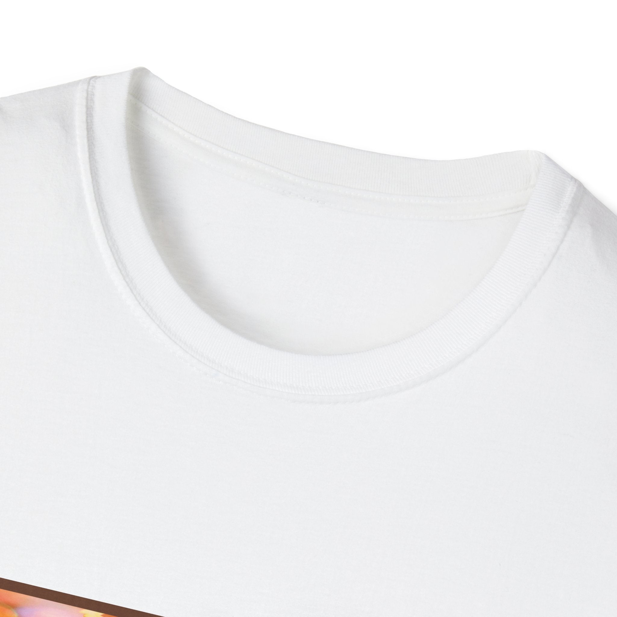 Close-up of a white t-shirt collar on a white background