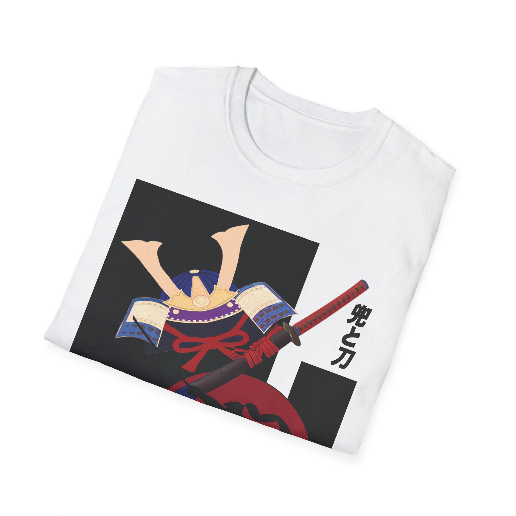 White t-shirt with a graphic design of a character in a kimono and holding a sword on a white background