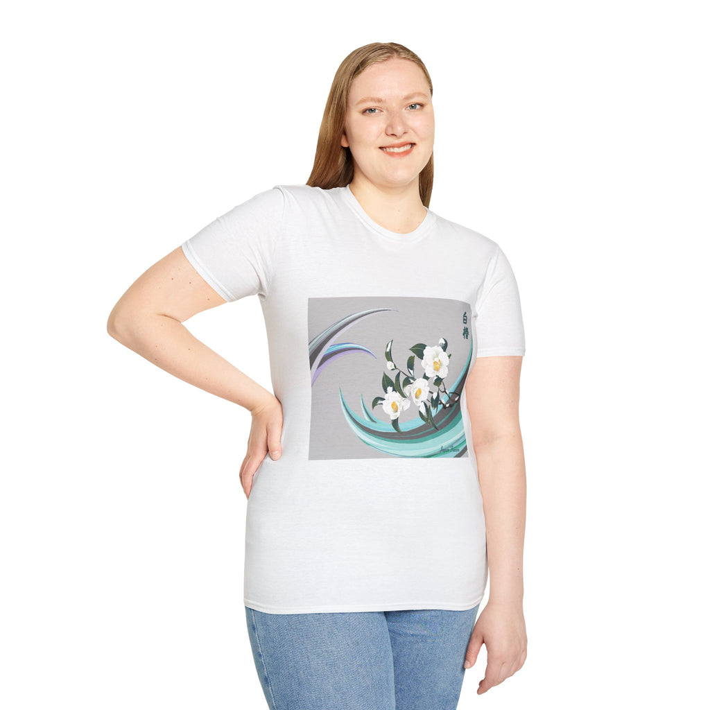 Female wearing a white t-shirt with a floral design on a plain background