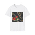 White t-shirt with a floral design on a white background