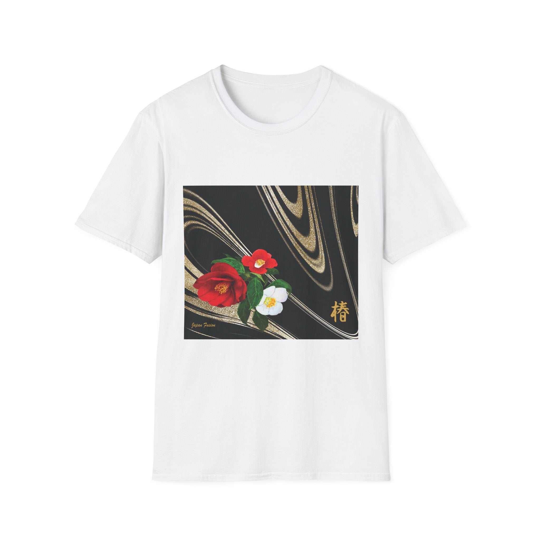 White t-shirt with a floral design on a white background