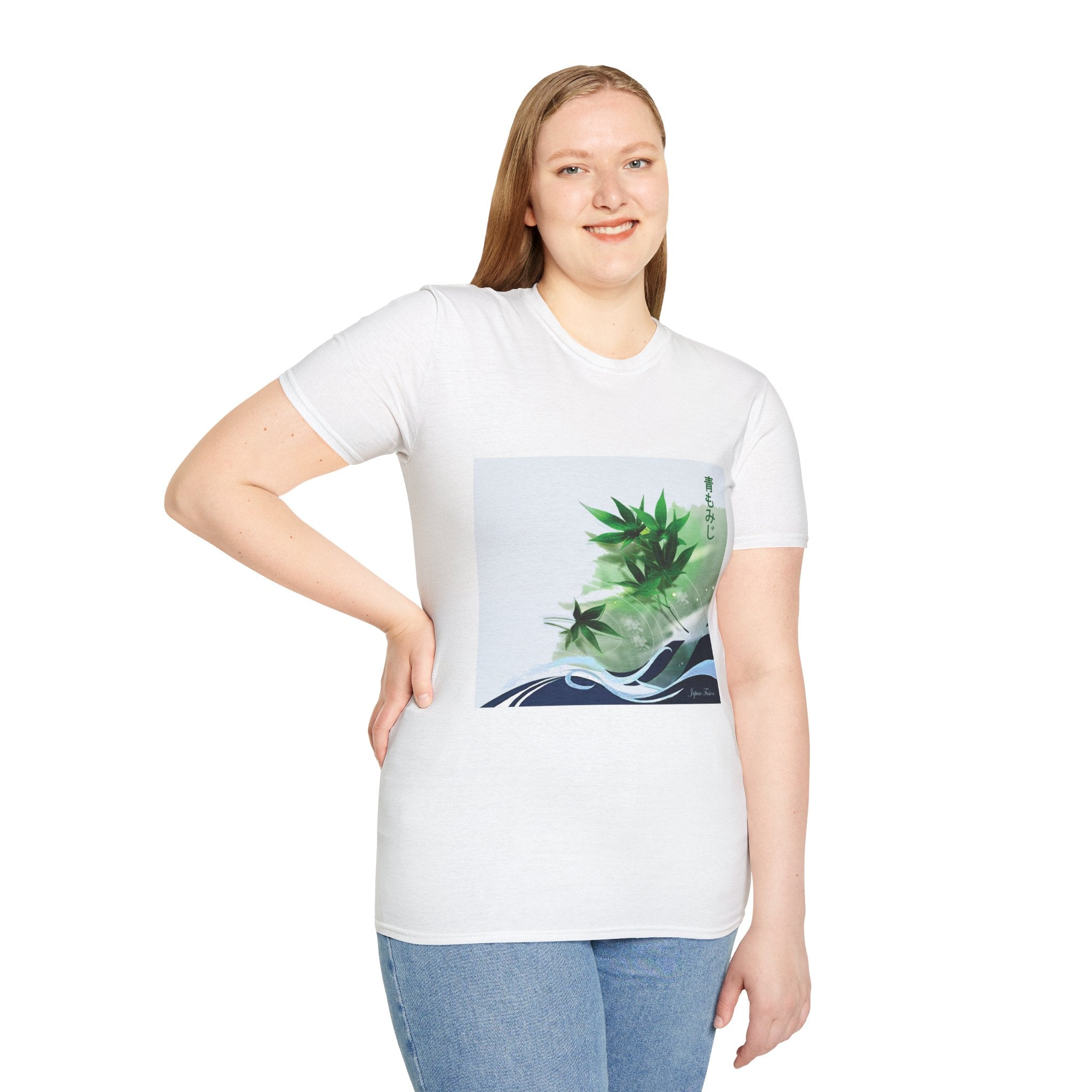 Female wearing a white t-shirt with a graphic design on a plain background
