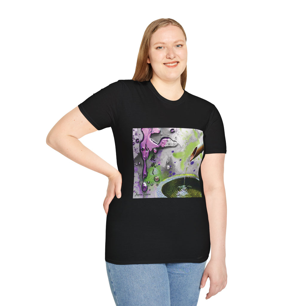 Female wearing a black t-shirt with a colorful graphic design on a white background