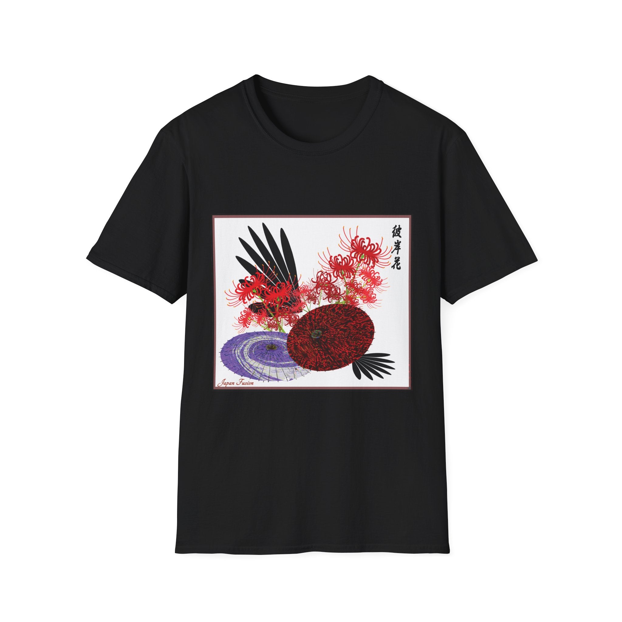 Japan Fusion Higanbana spider lily umbrella Japanese art unisex graphic Black t-shirt