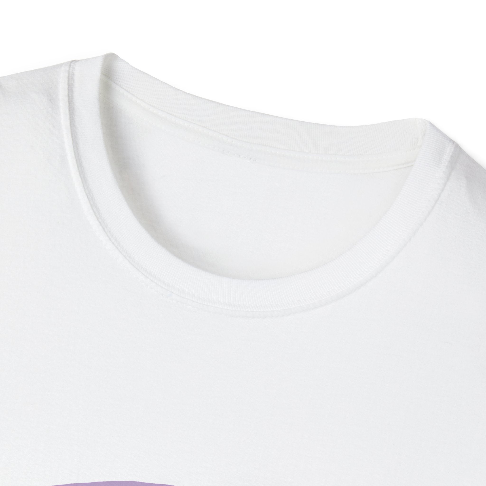 Close-up of a white t-shirt with a small logo on a white background
