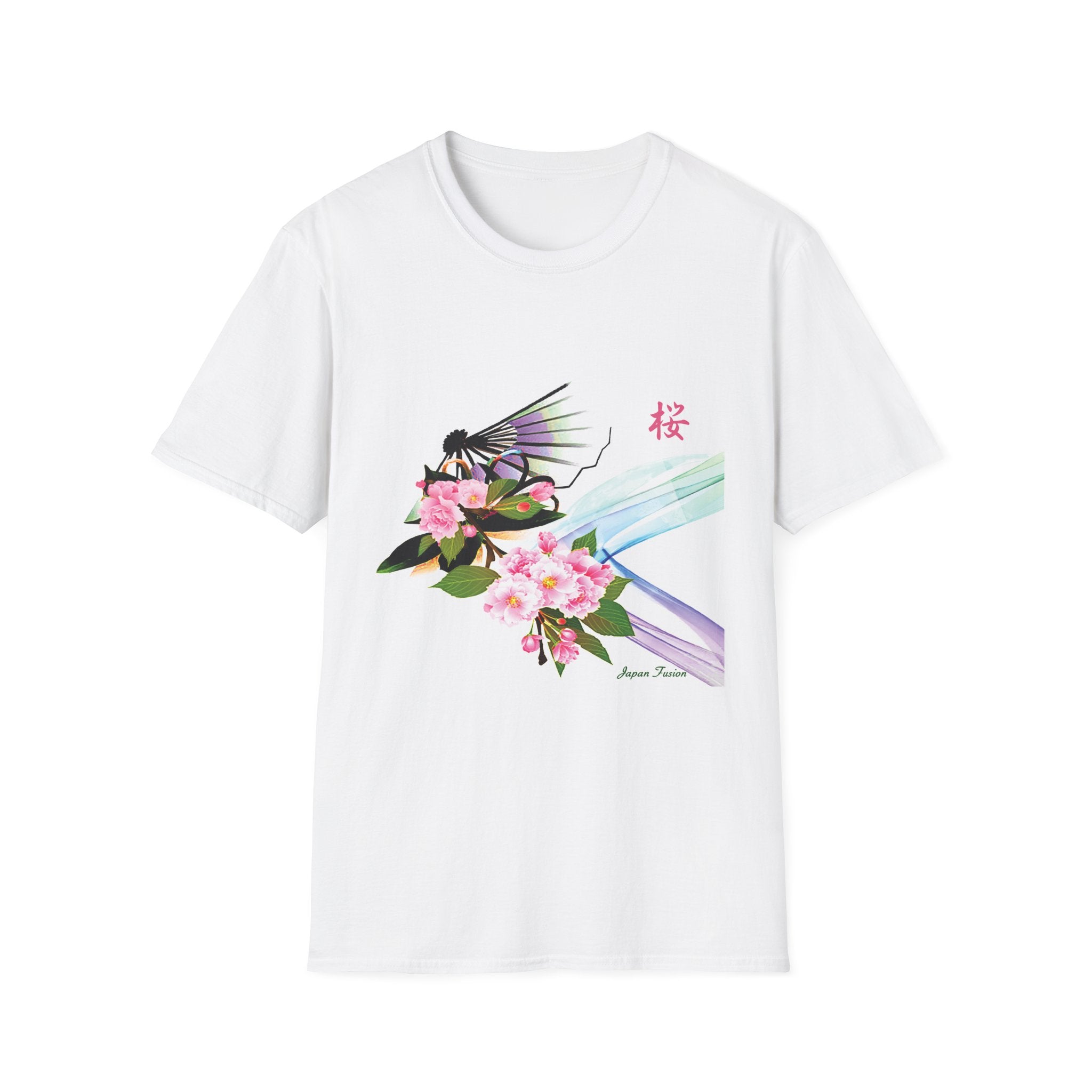 White t-shirt with colorful butterfly and floral design on a white background