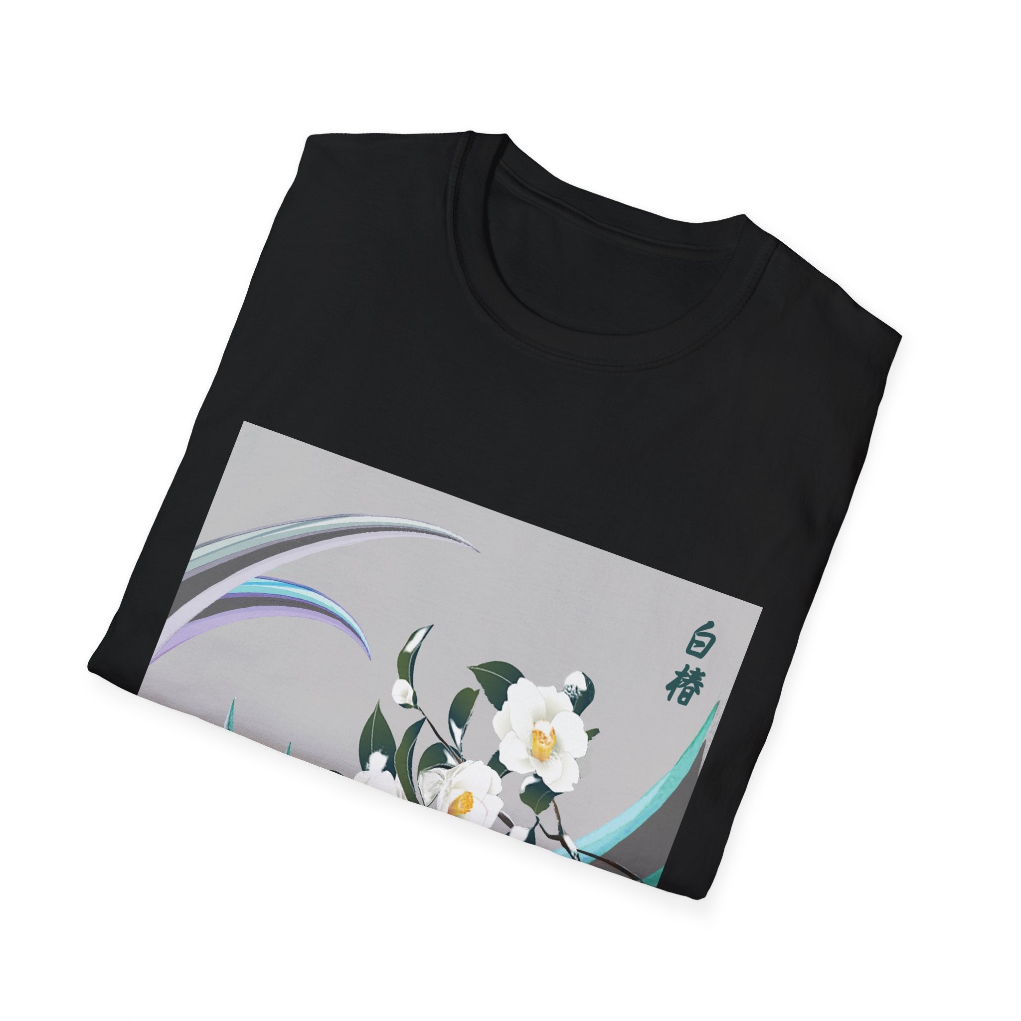 Black t-shirt with floral design on a white background