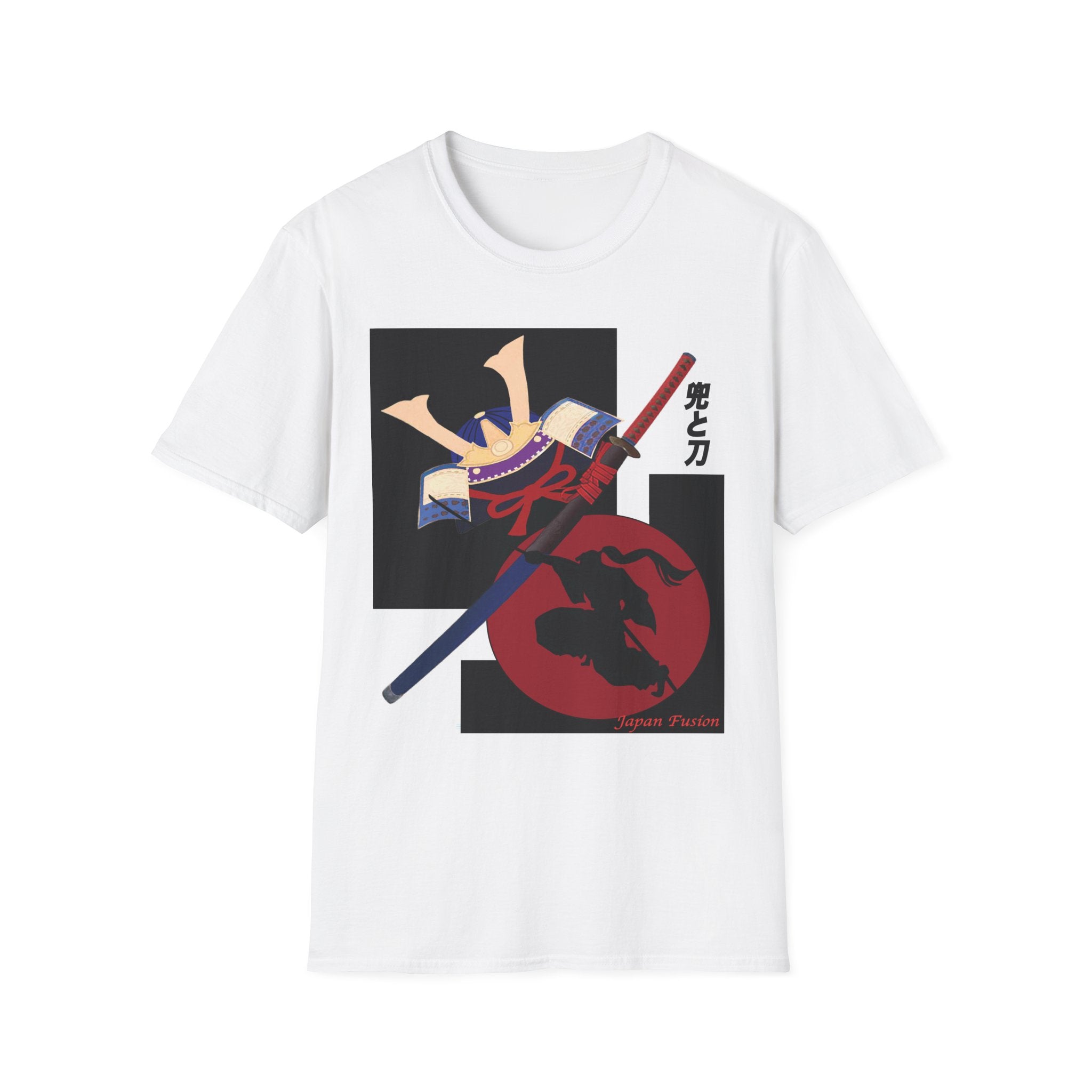 White t-shirt with graphic design featuring a character and sword on a white background