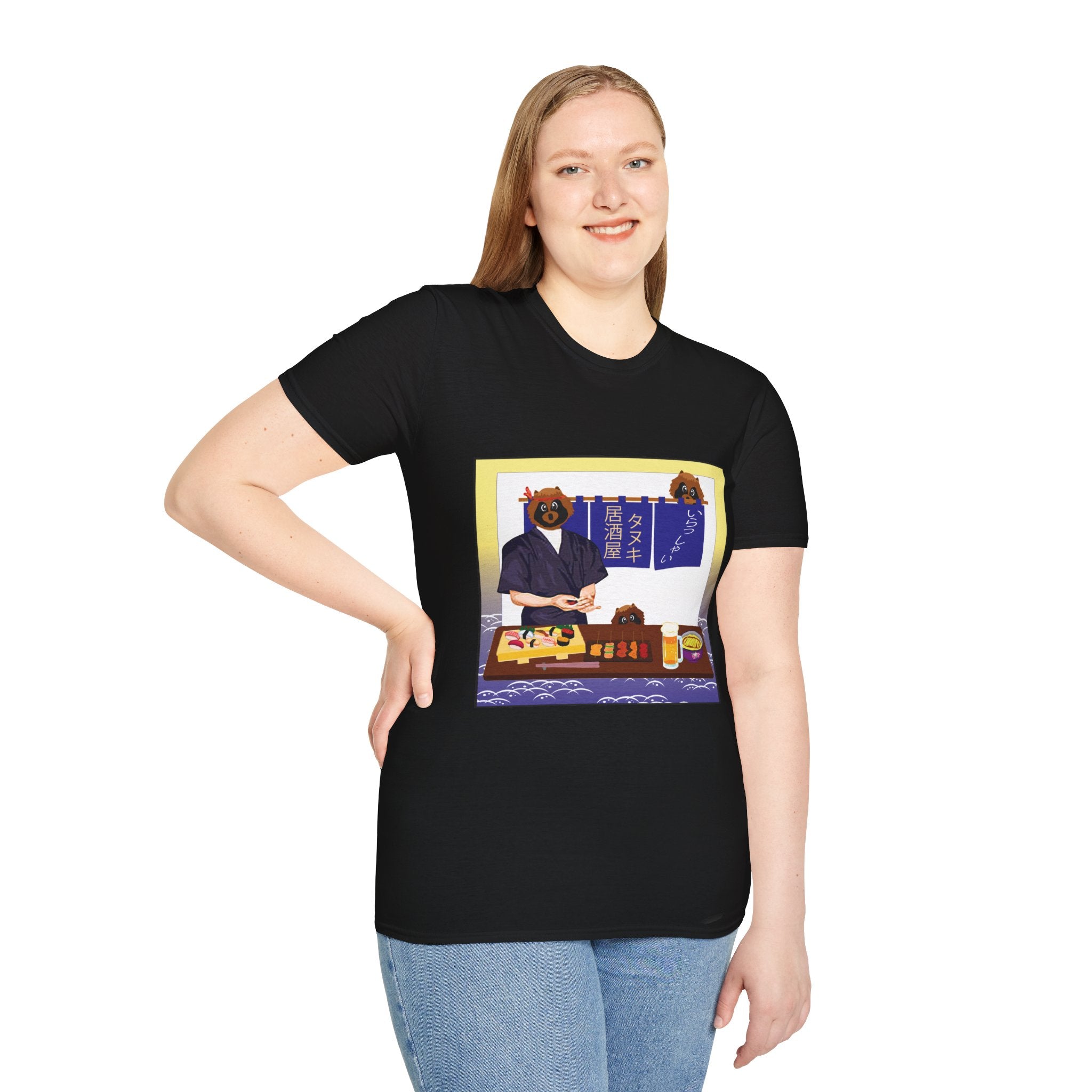Female wearing a black t-shirt with a colorful graphic design on a white background