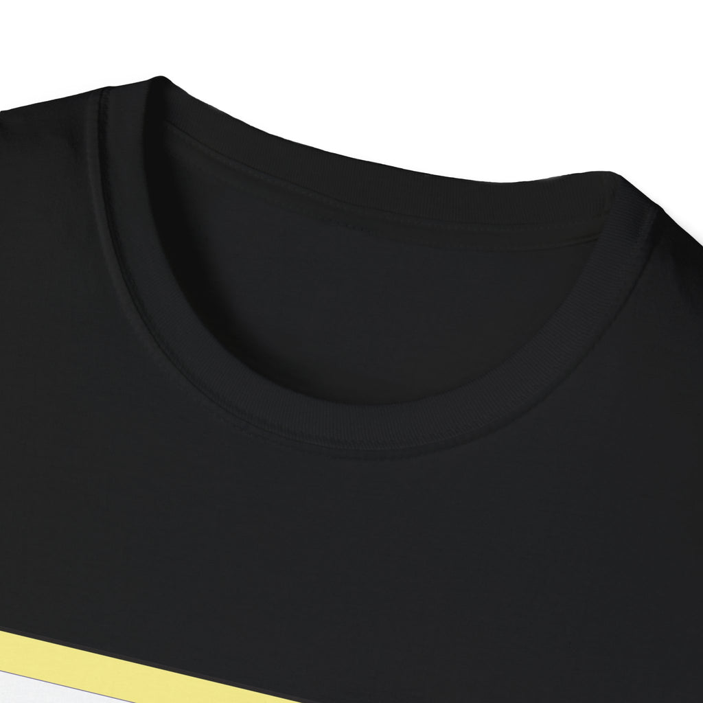 Close-up of a black shirt with a yellow stripe on a white background
