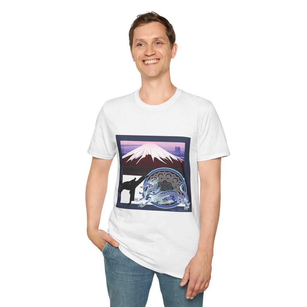 Male wearing a white t-shirt with a graphic design on a white background