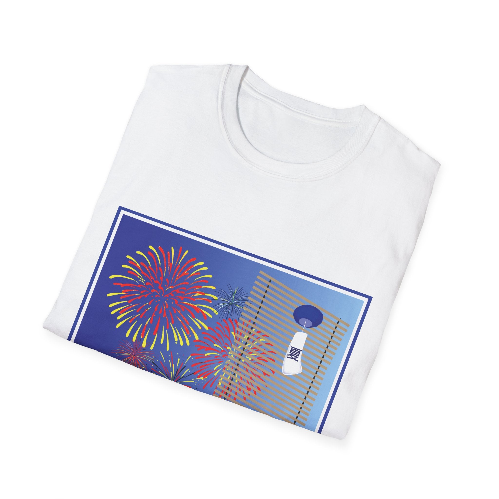 White t-shirt with a colorful fireworks design on a blue background