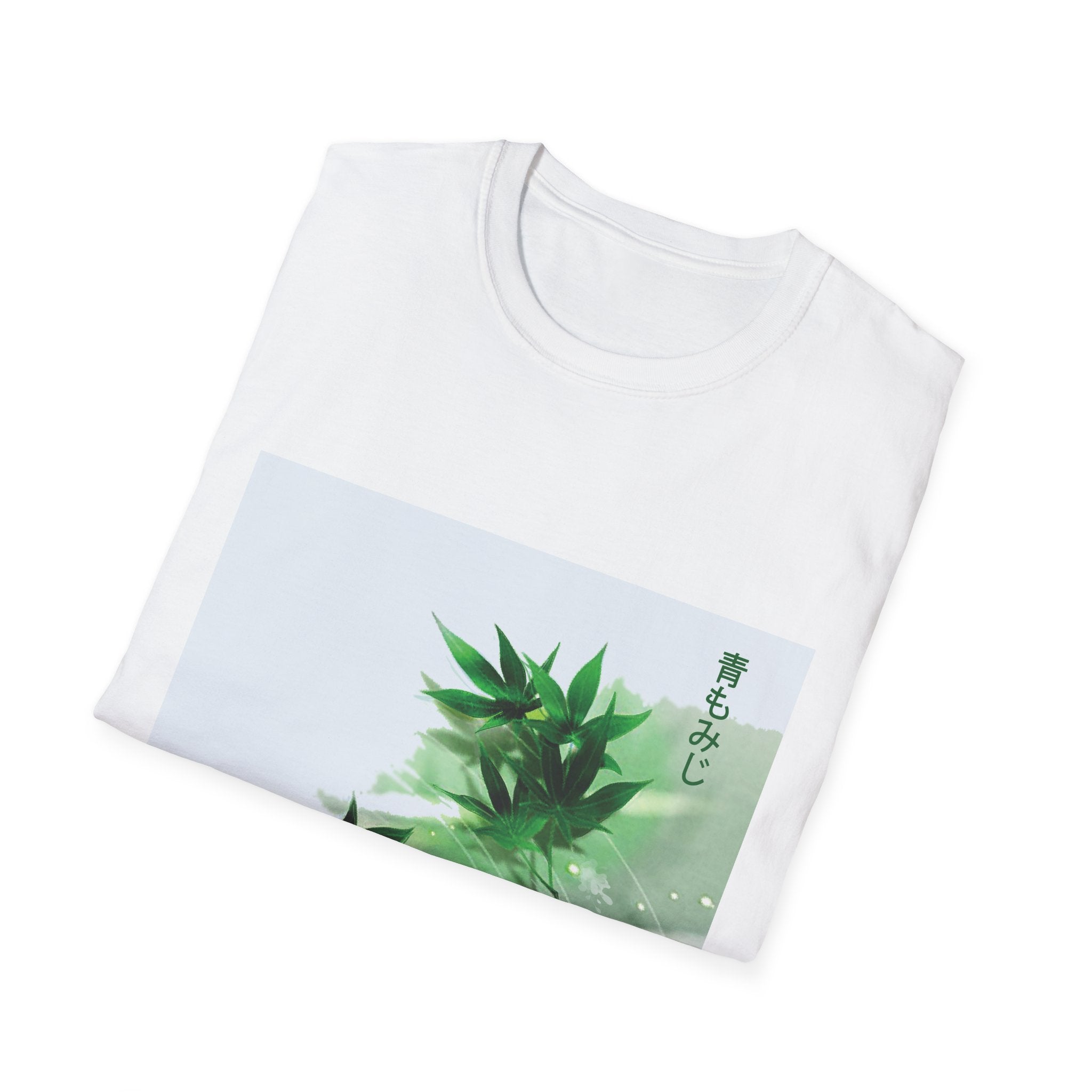 White t-shirt with a green leaf design on a white background
