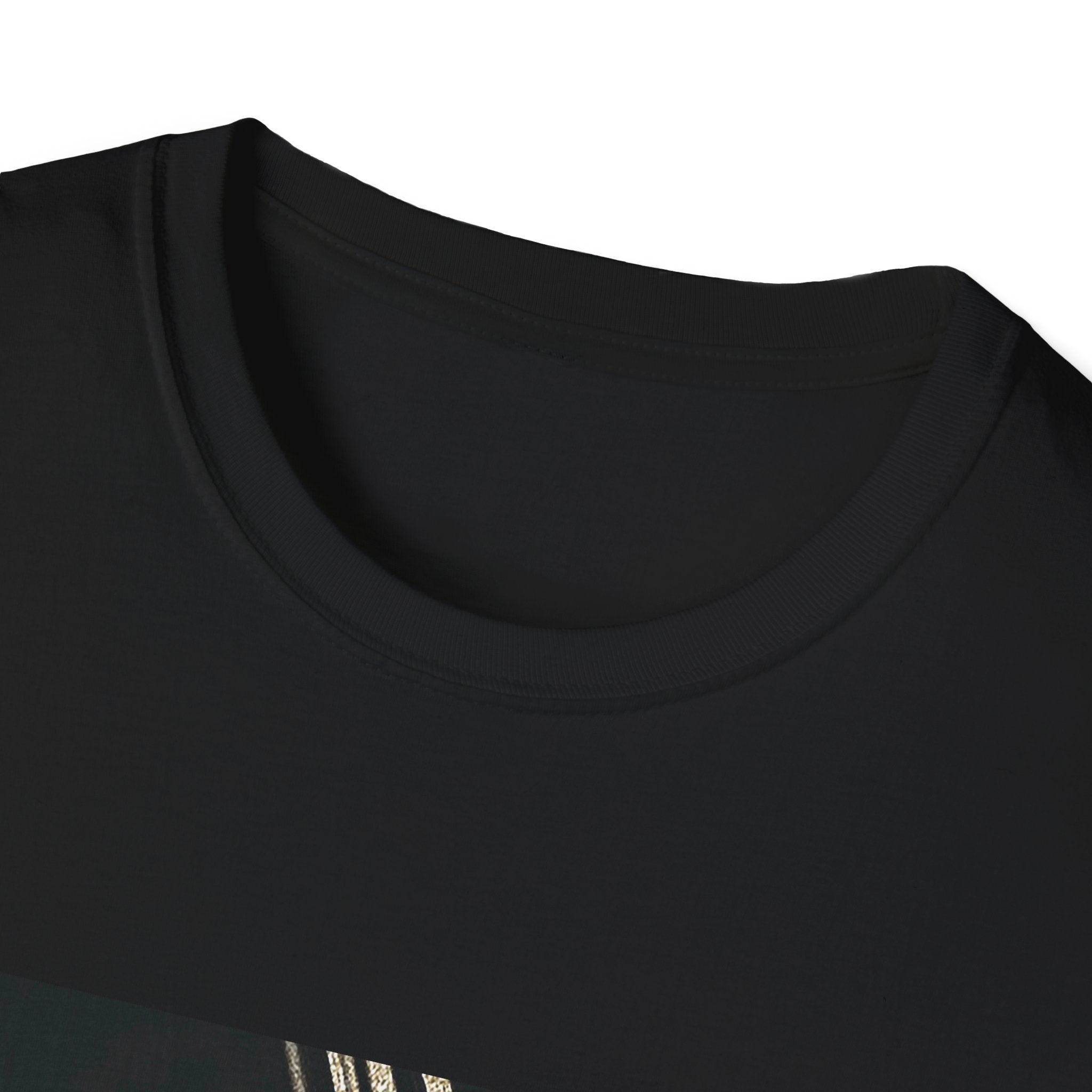 Close-up of a black t-shirt collar with a brand logo.