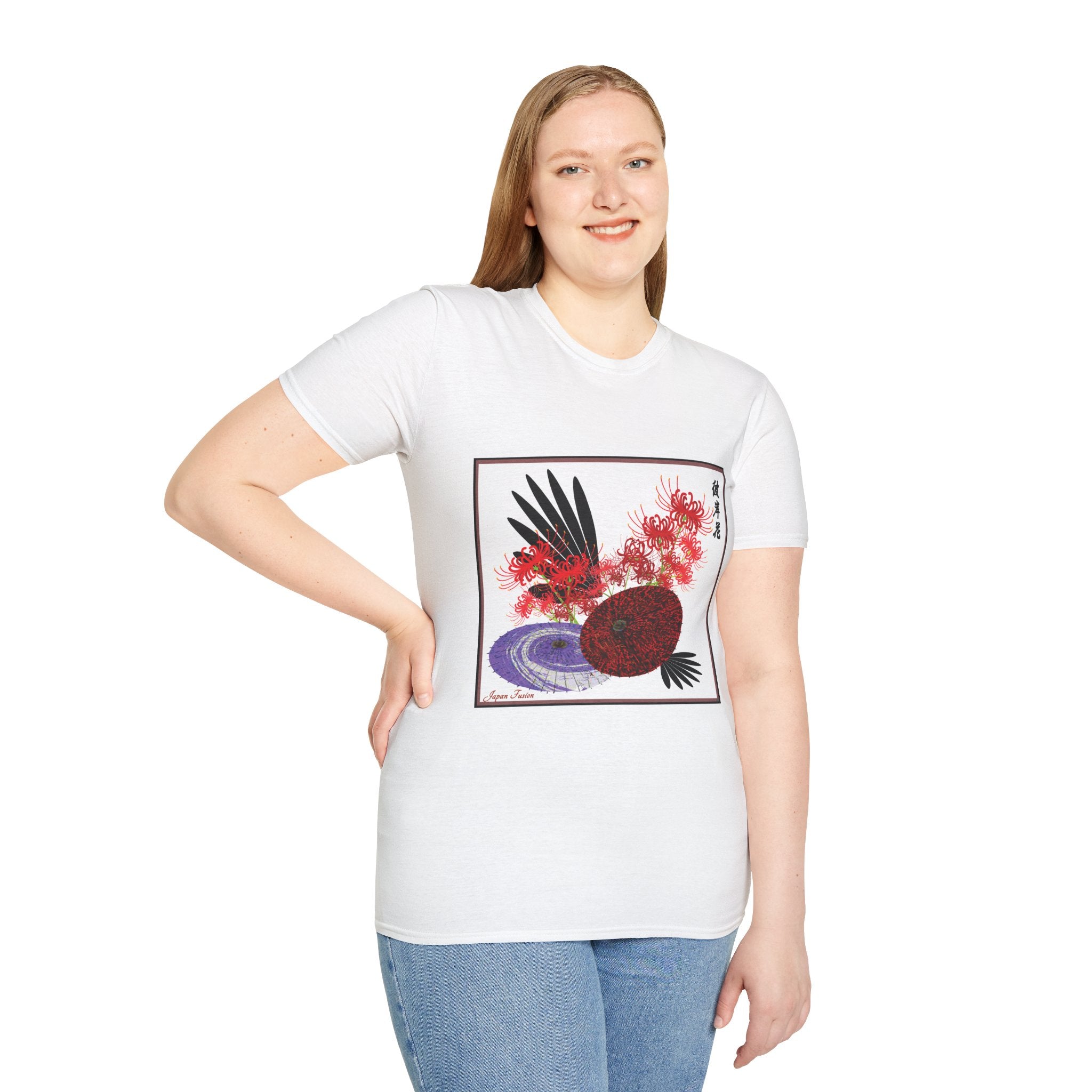 Female wearing a white t-shirt with a colorful graphic design on a plain background