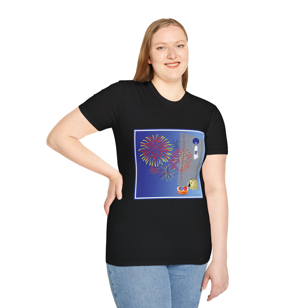 Female wearing a black t-shirt with a colorful graphic design on a white background