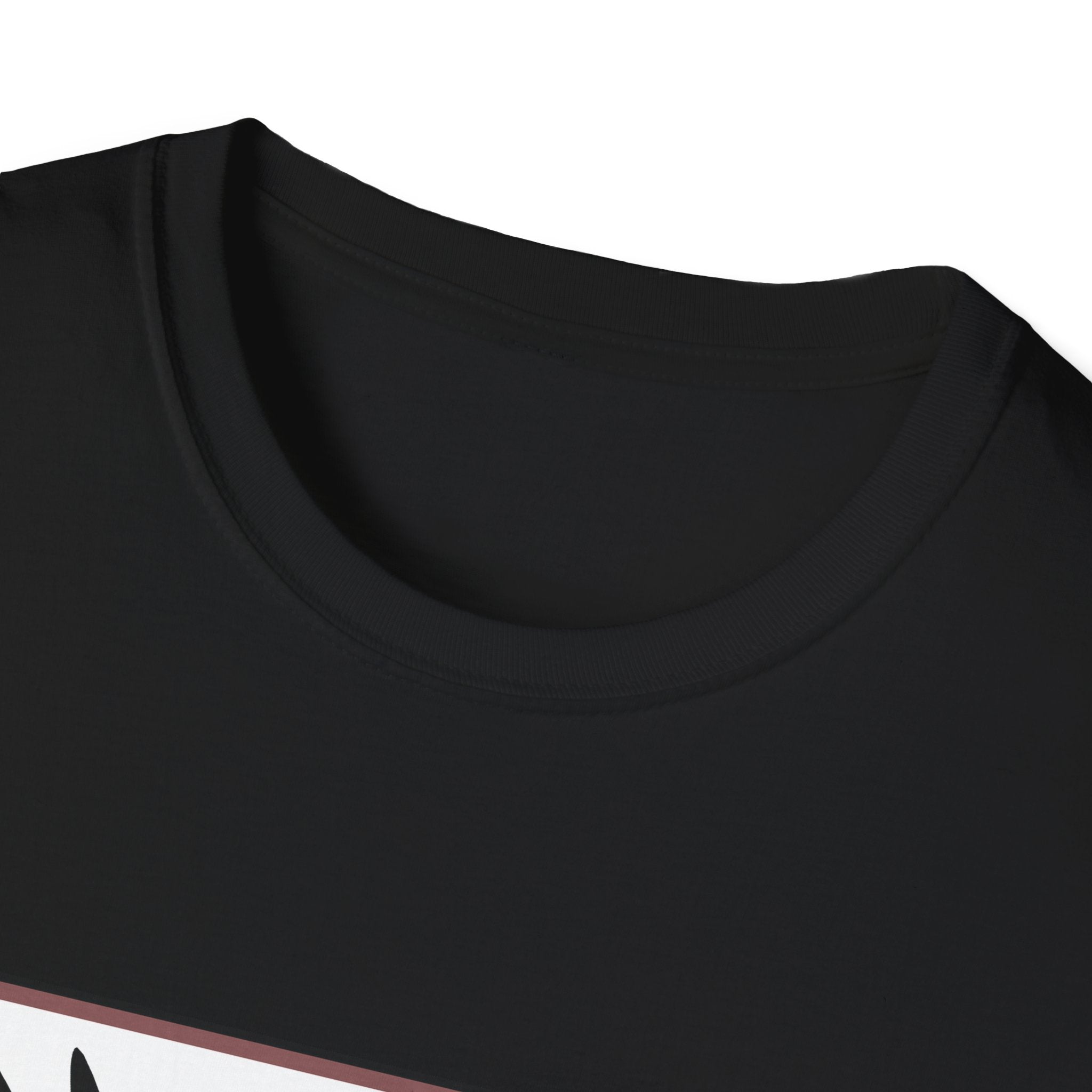 Close-up of a black t-shirt collar with a white border