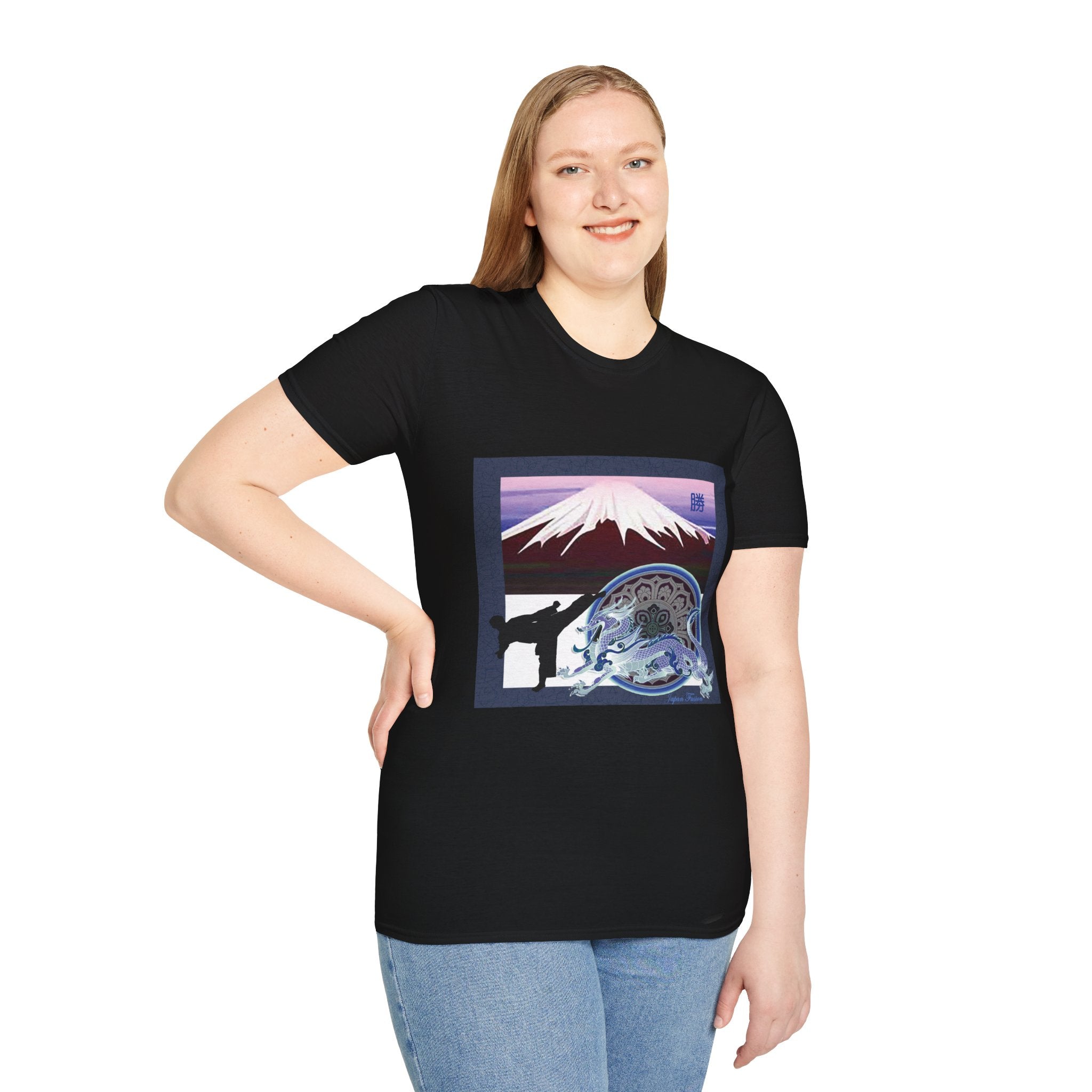 Female wearing a black t-shirt with a graphic design on a white background