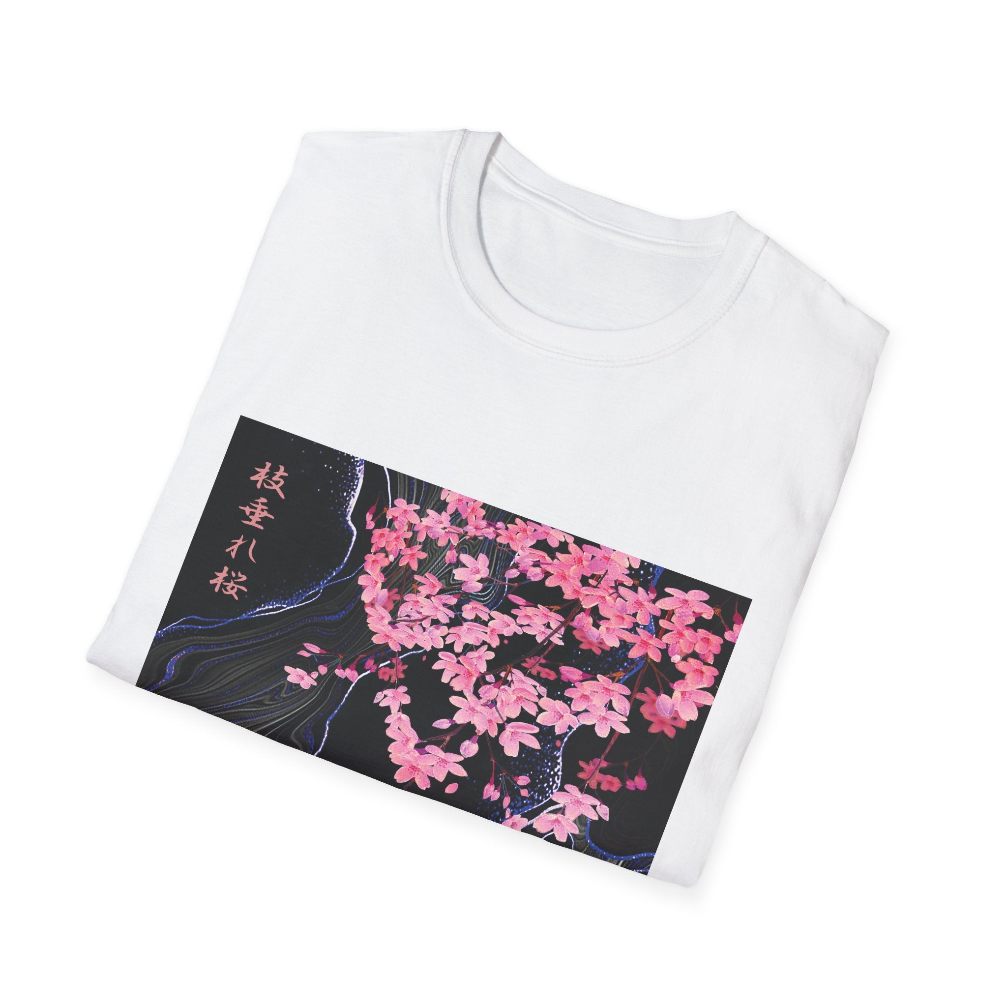 White t-shirt with cherry blossom design on a white background