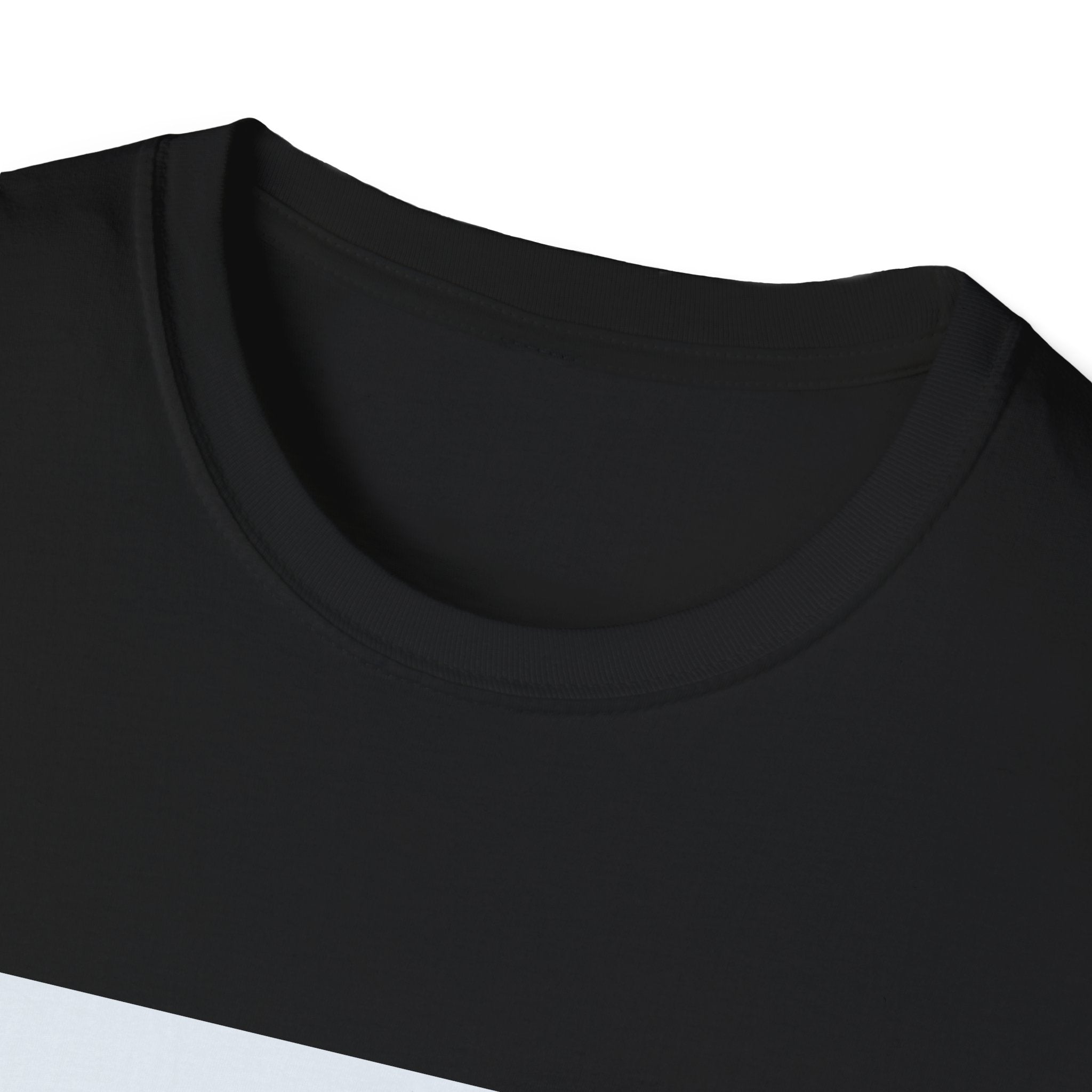 Close-up of a black t-shirt collar on a white background
