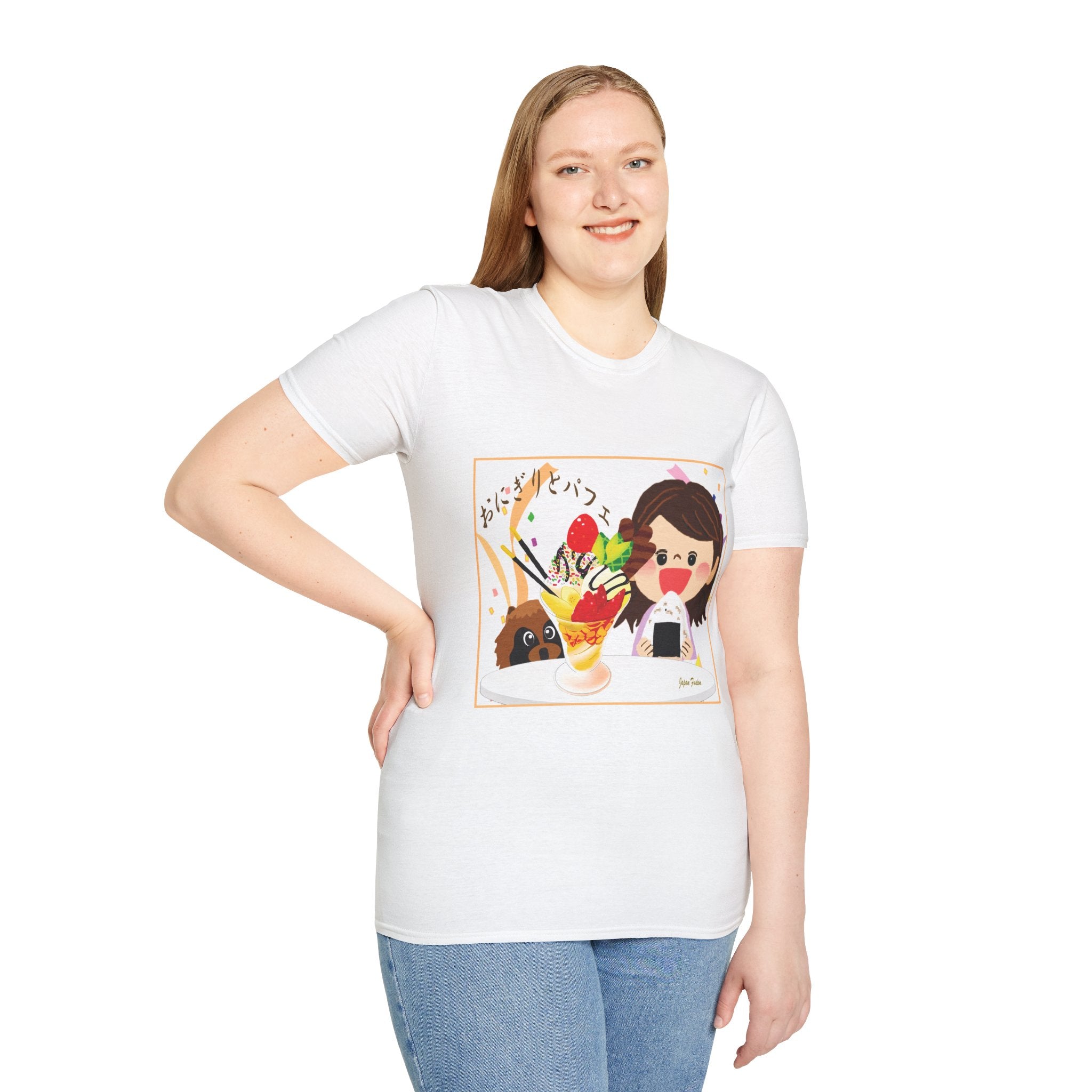 Female wearing a white t-shirt with a colorful graphic design on a white background