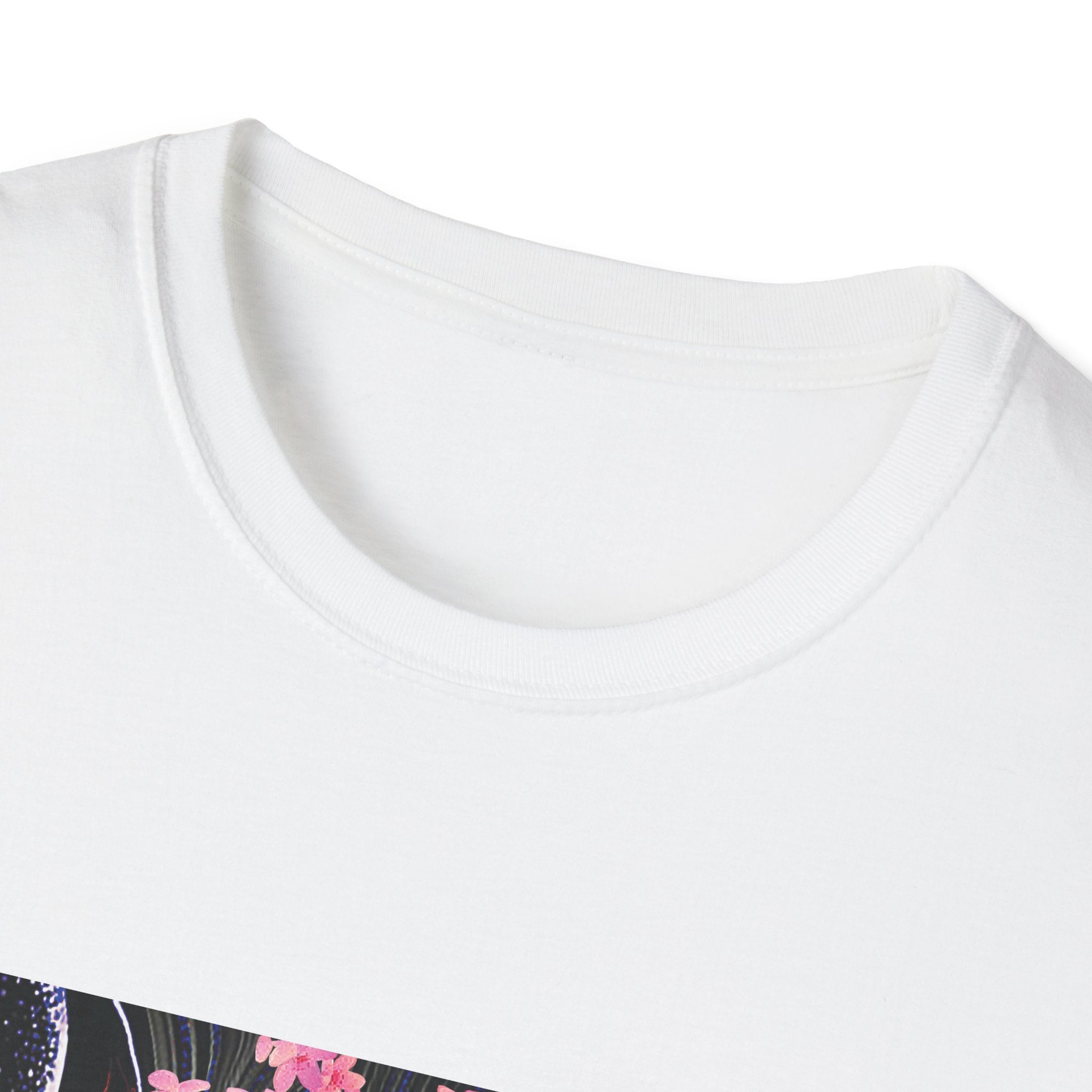 Close-up of a white shirt with a floral design at the bottom on a white background