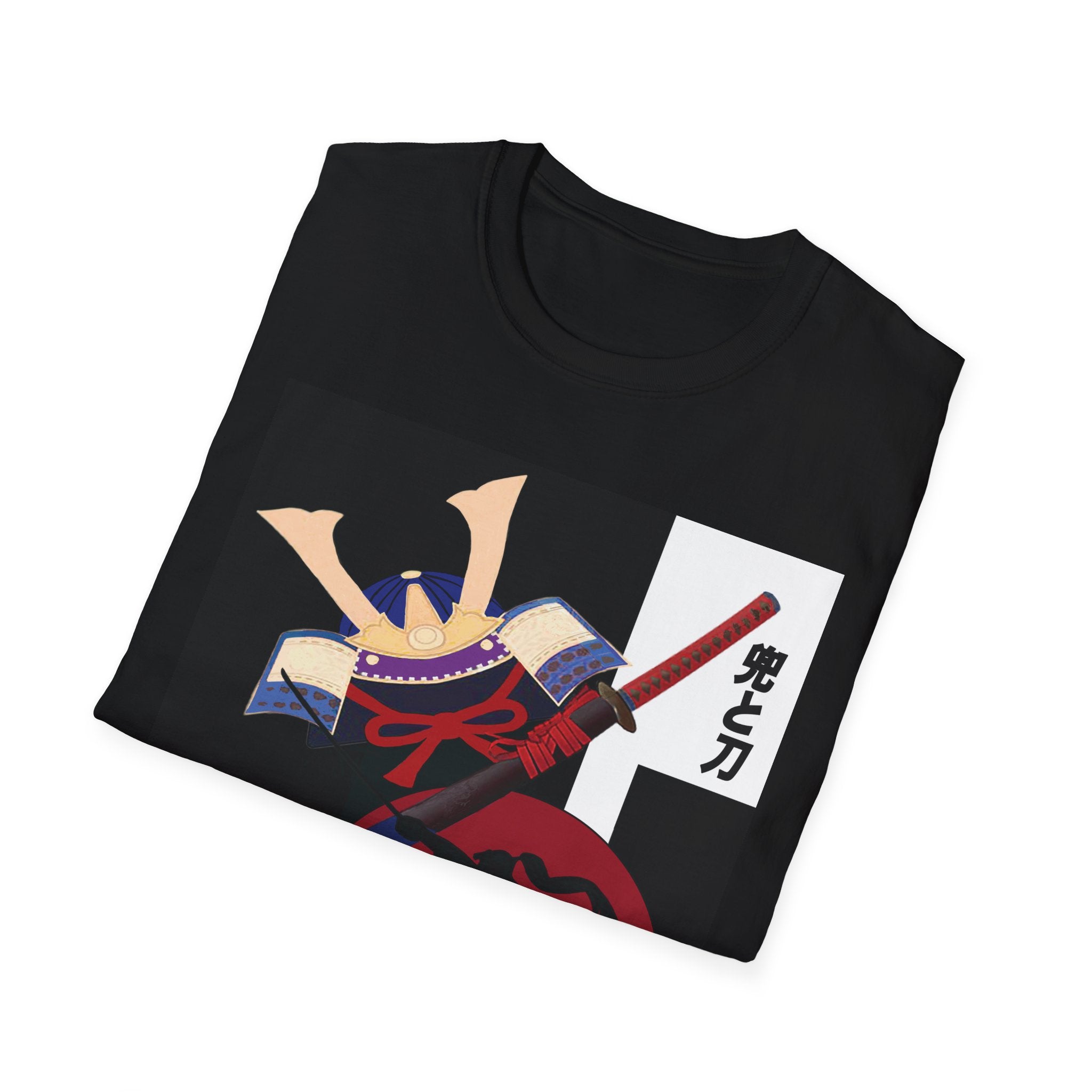 Black t-shirt with a graphic design of a character in samurai armor and a sword on a white background