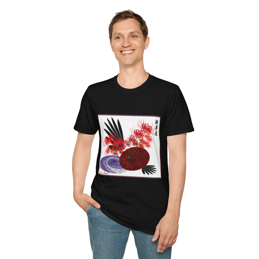 Male wearing a black t-shirt with a colorful design on a white background